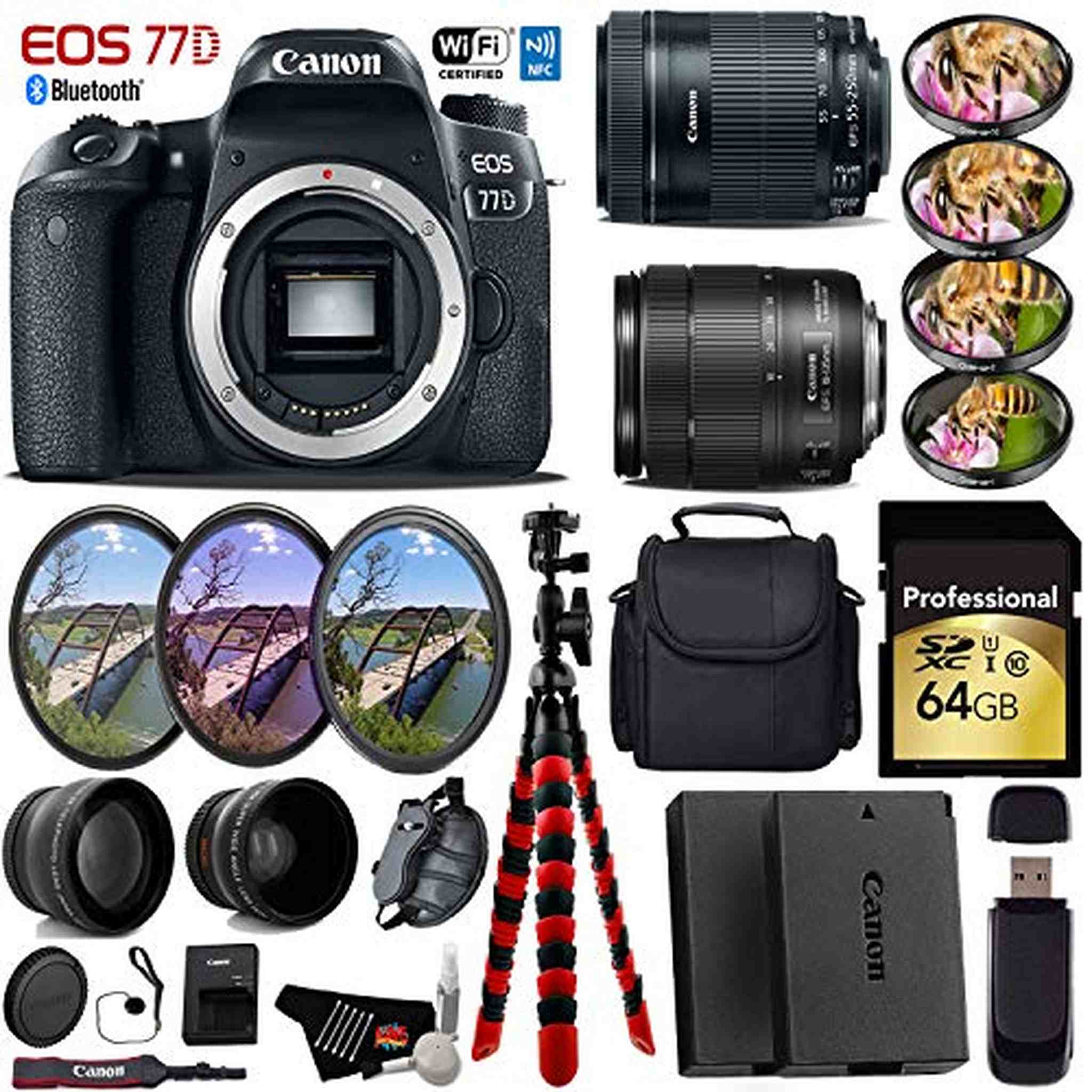 Canon EOS 77D DSLR Camera + 18-135mm USM Lens& 55-250mm is USM Lens + UV FLD CPL Filter Kit + 4 PC Macro Kit + Wide Angl Canon
