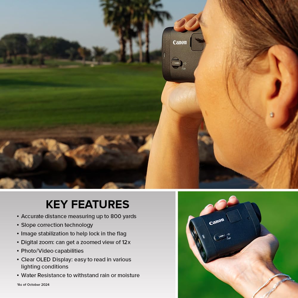 Canon PowerShot Golf Digital Laser Rangefinder, Digital Zoom, Magnify 6X to 12x, Built-in Slope Correction, Photo and Video Camera Capabilities, IPX4 Equivalent Water Resistant, Black