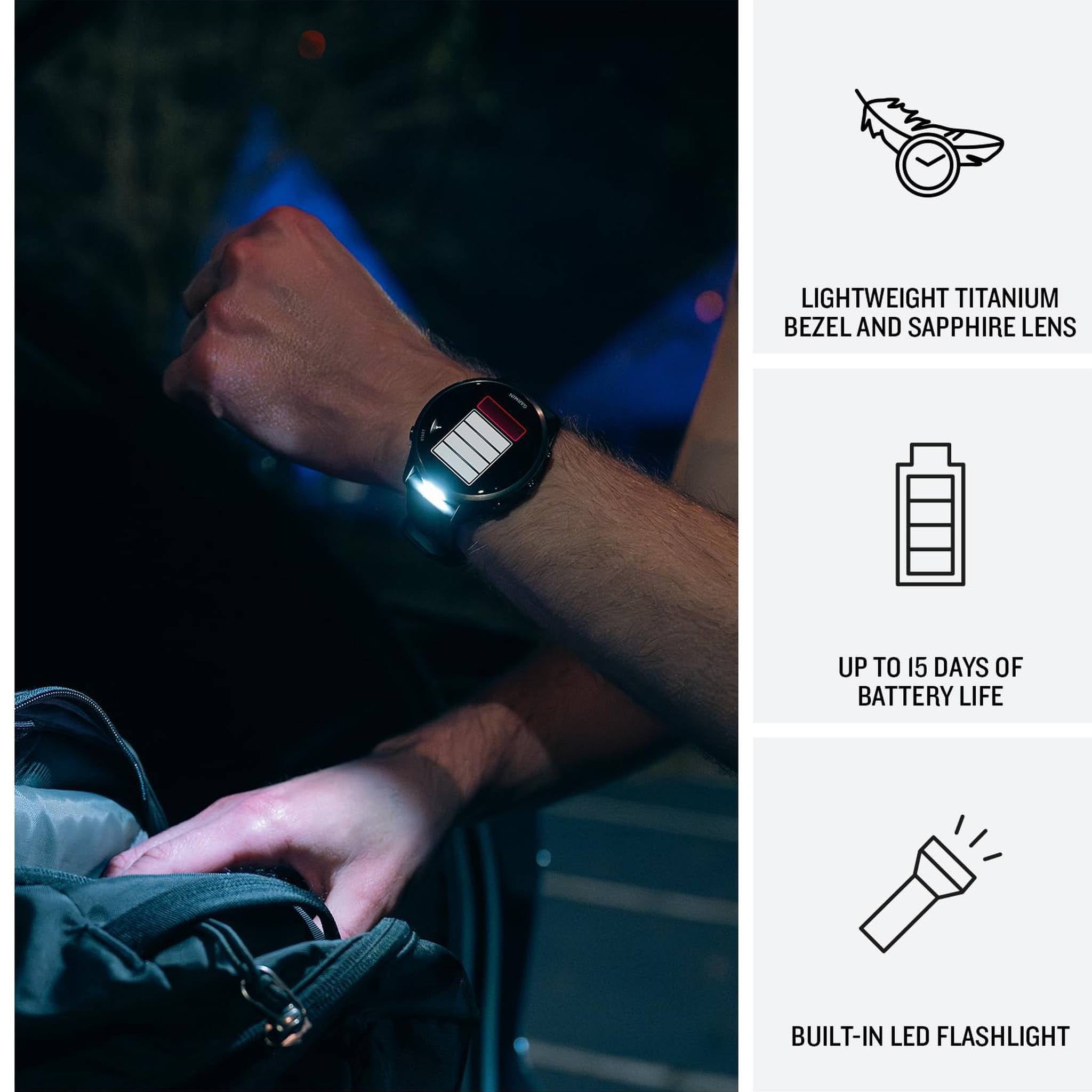 Garmin® Forerunner® 970, Premium GPS Running and Triathlon Smartwatch, AMOLED Display, Built-in LED Flashlight, Carbon Gray DLC Titanium with Black Case and Black/Translucent Whitestone Band