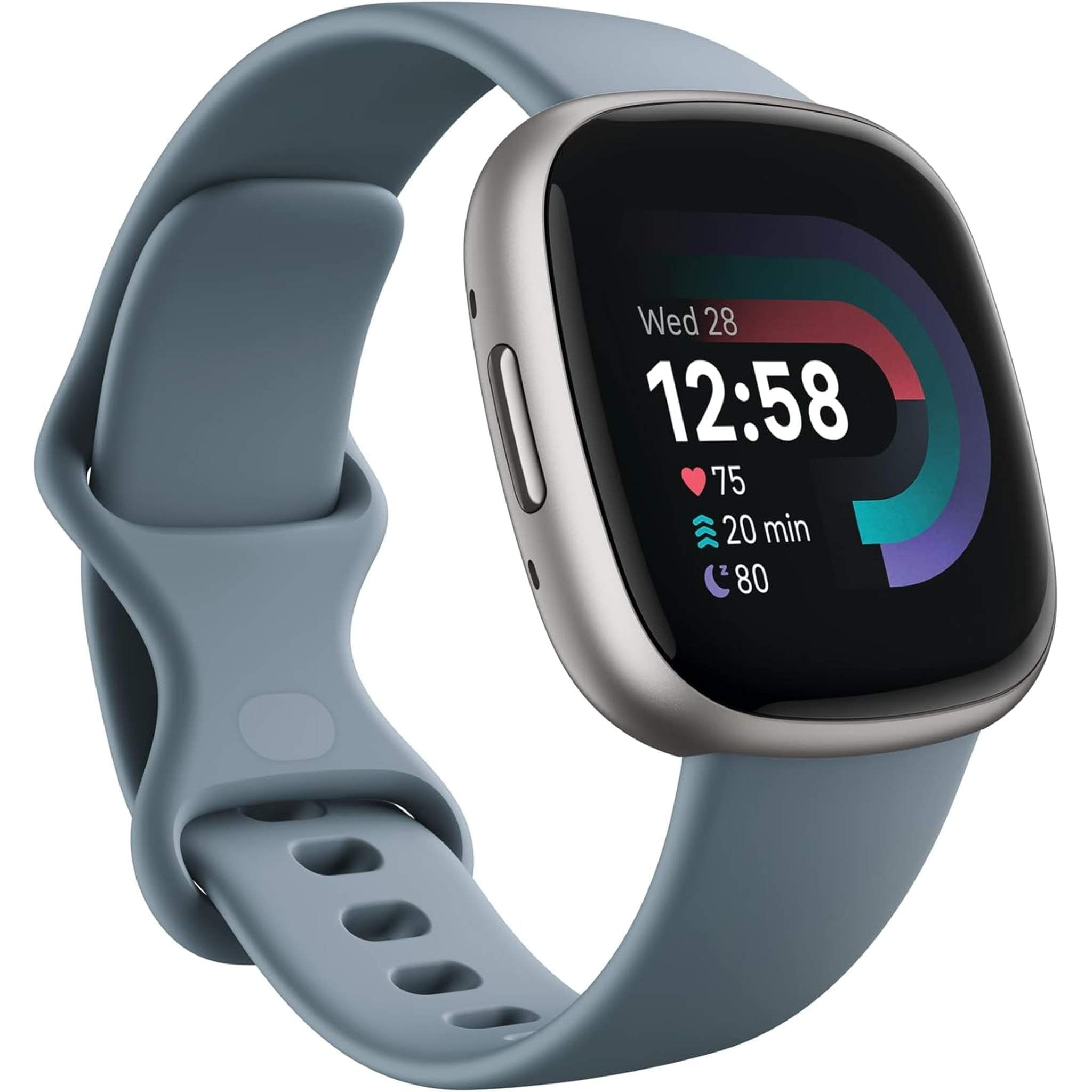 Fitbit Versa 4 Fitness Smartwatch with Daily Readiness, GPS, 24/7 Heart Rate, 40+ Exercise Modes, Sleep Tracking and more, Waterfall Blue/Platinum, One Size S & L Bands Included - Reconditioned Fitbit