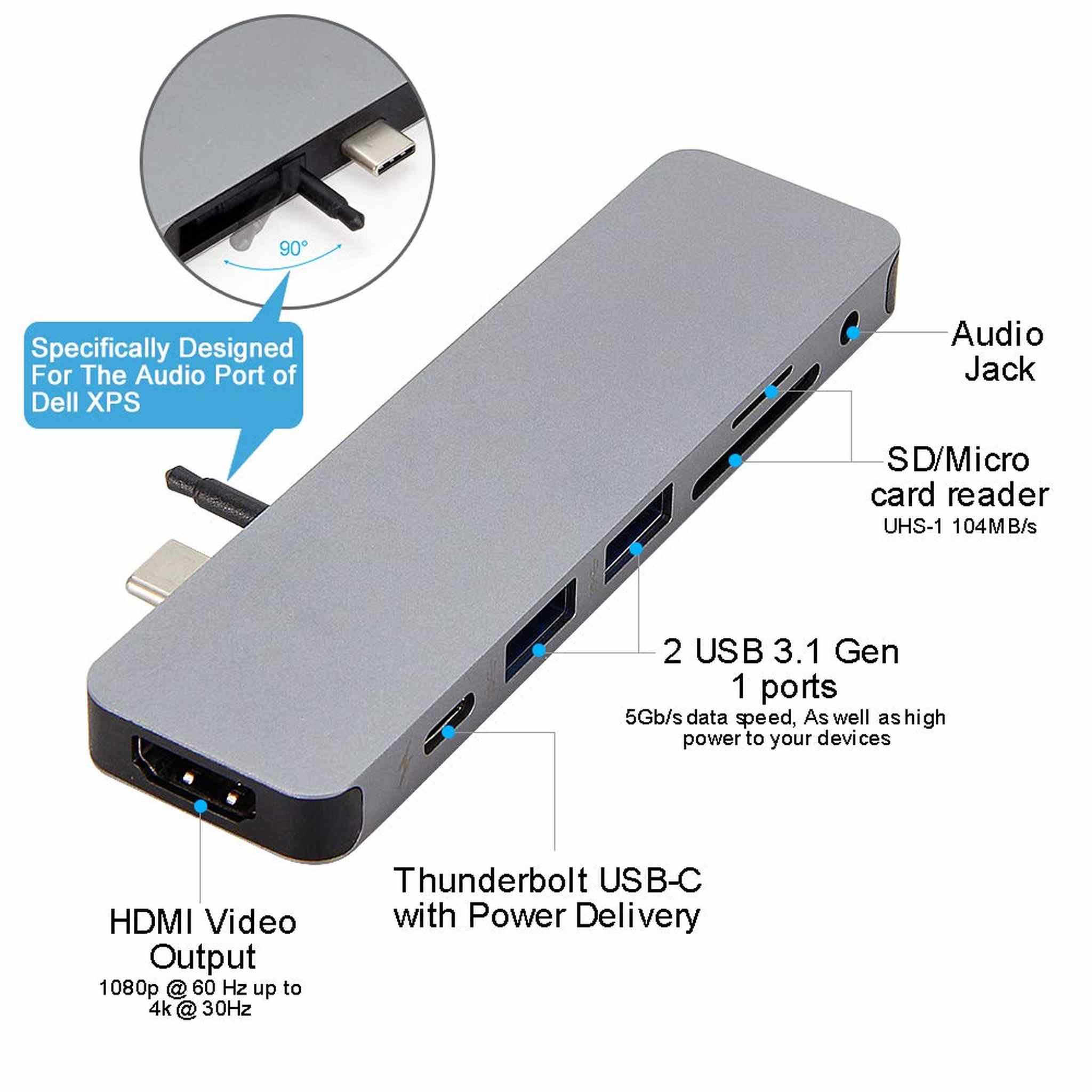 HyperDrive USB-C Hub Adapter, Sanho Solo 7-in-1 Type C Dongle for MacBook Pro, PC w USB-C Port: USBC 40Mbps 100W Power Delivery, USBC 5Gbps Data, 4K HDMI, microSD/SD Card Reader, 2xUSB 3.0, Audio Jack - Used Hyper