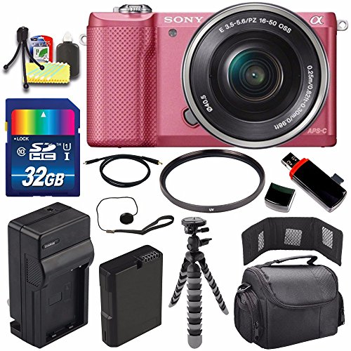 Sony Alpha a5000 Mirrorless Digital Camera with 16-50mm Lens (Pink) + Battery + Charger + 32GB Bundle 2 - International