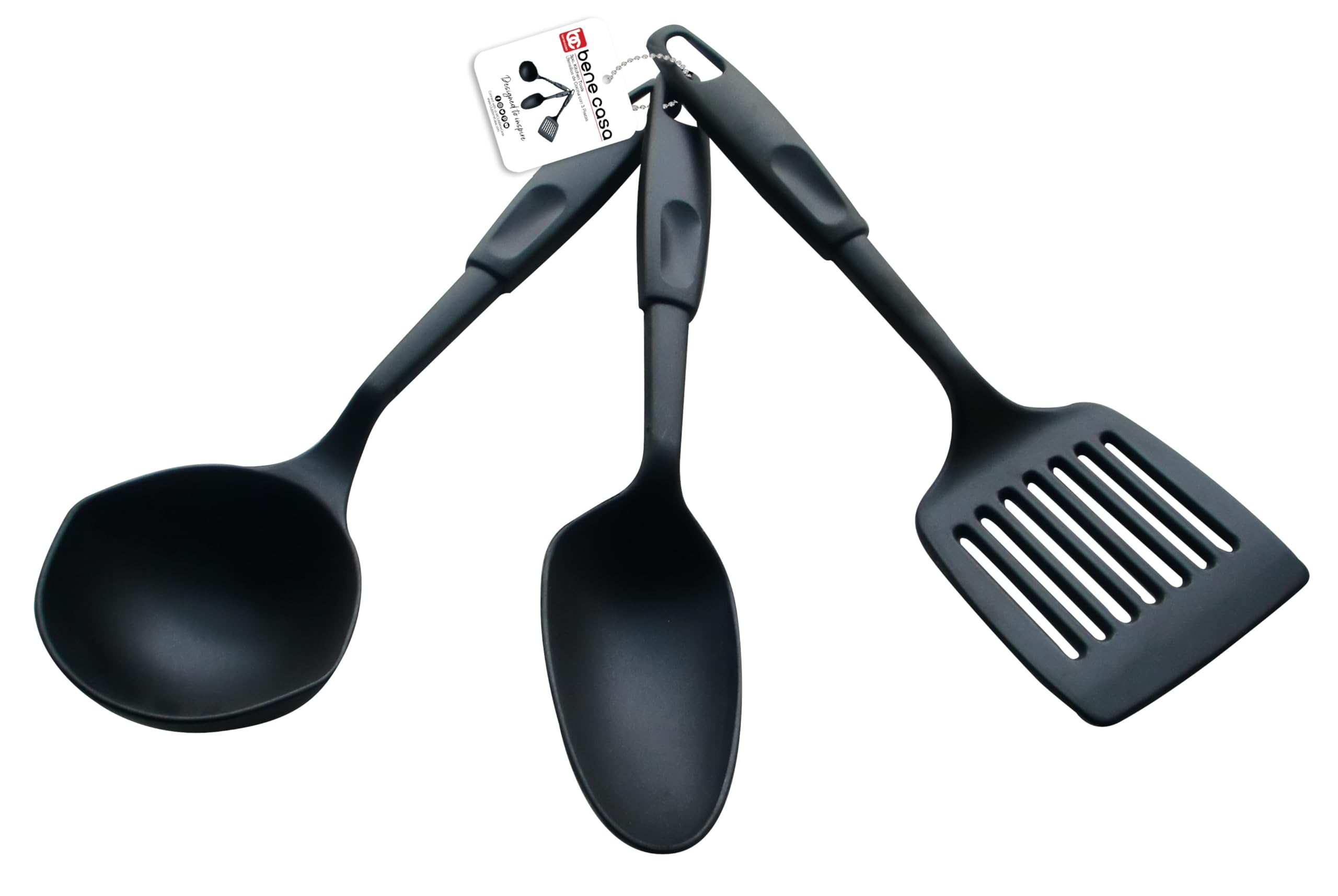 Bene Casa 3pc Nylon Kitchen Utensil Set, SPOON, SPATULA ,LADLE, Color BLACK.