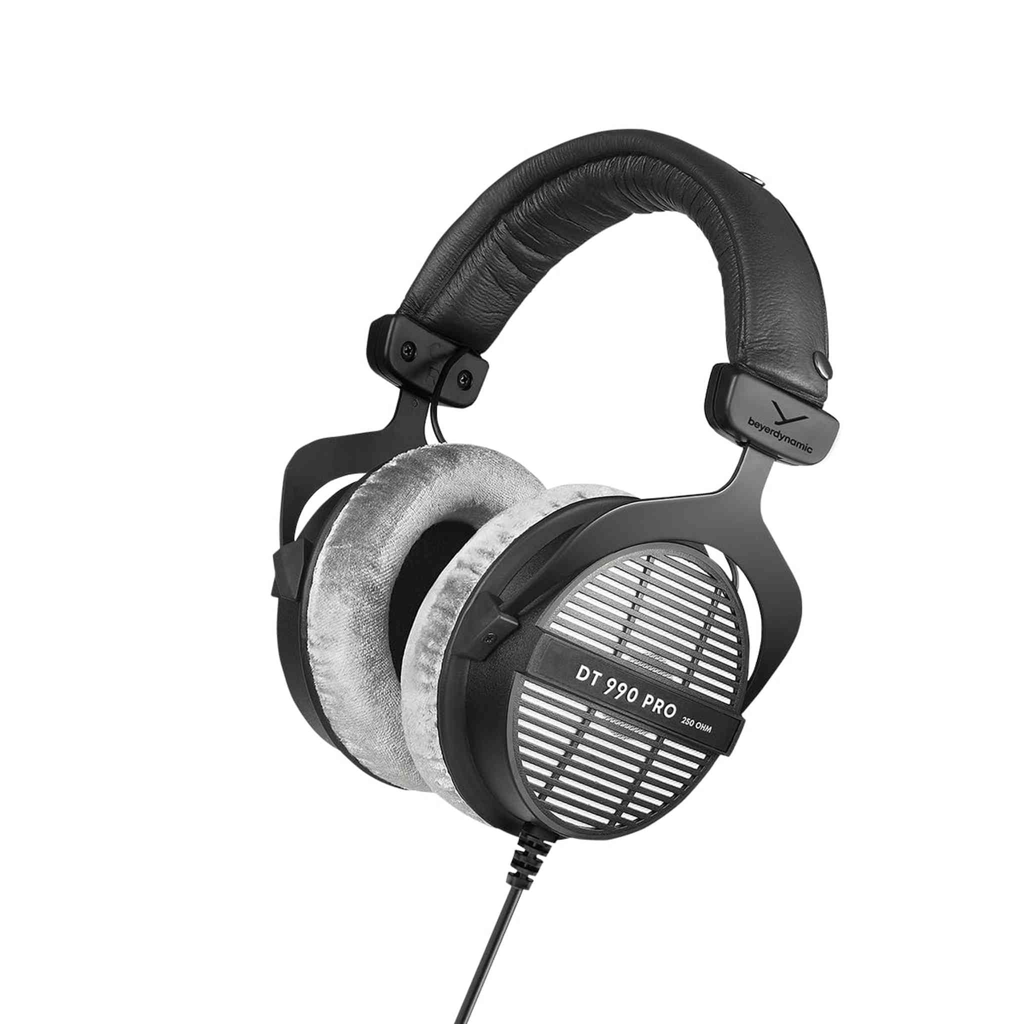 beyerdynamic DT 990 PRO, 250 Ohm, Open Back, Over Ear, Wired Headphones, 3m Coiled Cable, Black with Grey Velour Ear Pads