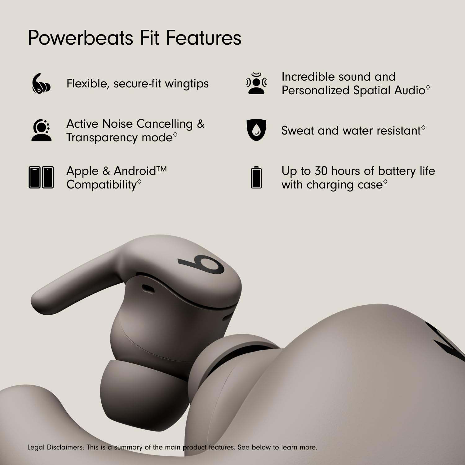 Beats - Powerbeats Fit - Wireless Noise-Cancelling Workout Earbuds with Upgraded Secure Fit Wingtips, IPX4, Up to 30H of Battery Life & Charging case, Compatible with Apple & Android - Gravel Gray