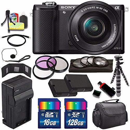 Sony Alpha a5000 Mirrorless Digital Camera with 16-50mm Lens (Black) + Battery + Charger + 144GB Bundle 7 - Internationa