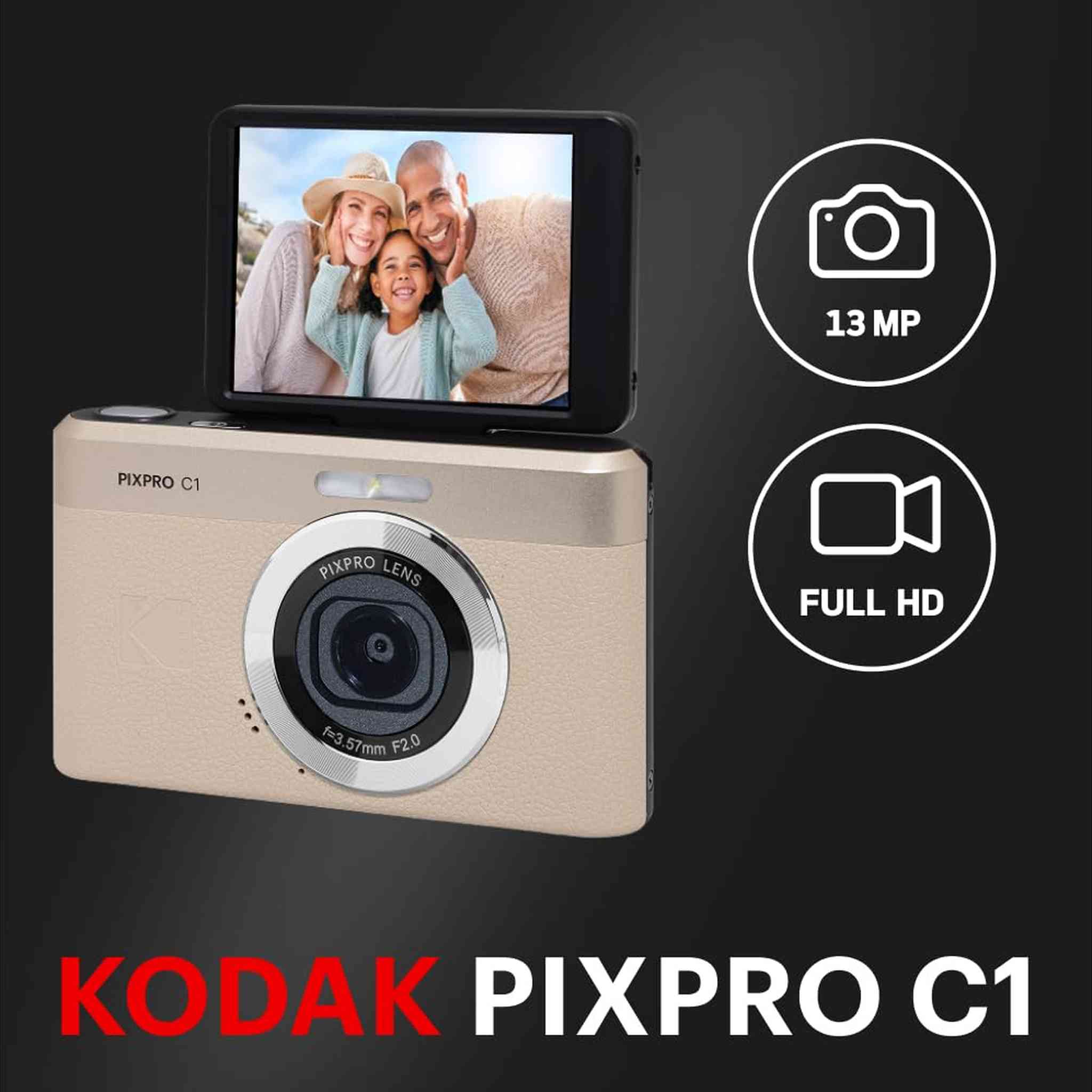 Kodak PIXPRO C1 Digital Camera, 13MP Compact Point & Shoot with 4X Digital Zoom, 26mm f/2.0 Wide Angle, 180 Degree Flip Screen, 1080p HD Video, Tan