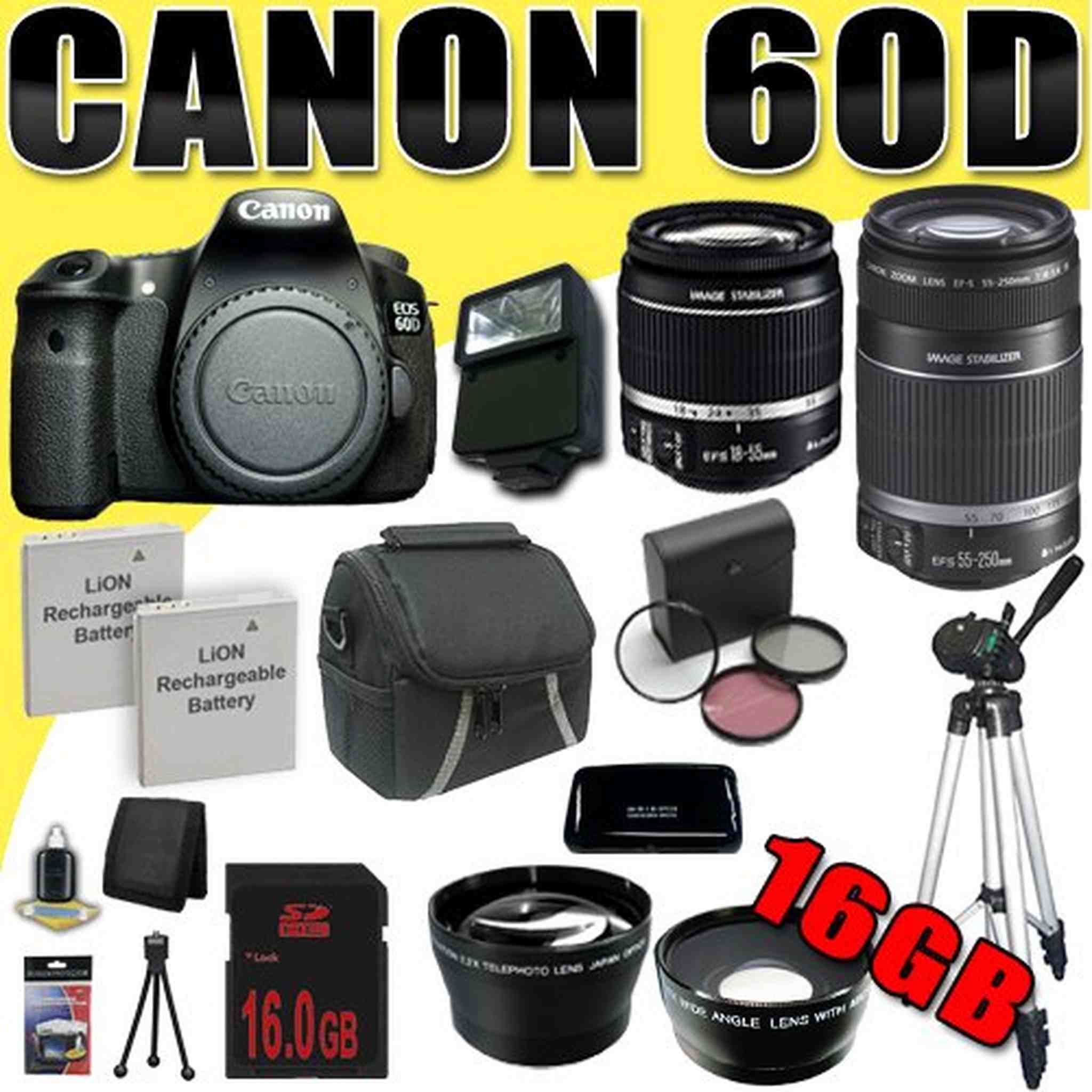 Canon EOS 60D 18 MP CMOS Digital SLR Camera w/ EF-S 18-55mm f/3.5-5.6 IS Lens & EF-S 55-250mm f/4.0-5.6 IS Telephoto Zoom Lens Wide Angle/Telephoto 16GB DavisMAX Bundle International Model