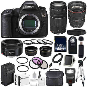 Canon EOS 5DS DSLR Camera International Model 0581C002 + Canon EF 24-105mm f/4L is USM Lens + Canon EF 75-300 III+ EF 50mm f/1.8 STM Lens + LP-E6 Replacement Battery + Charger Bundle - Used Canon