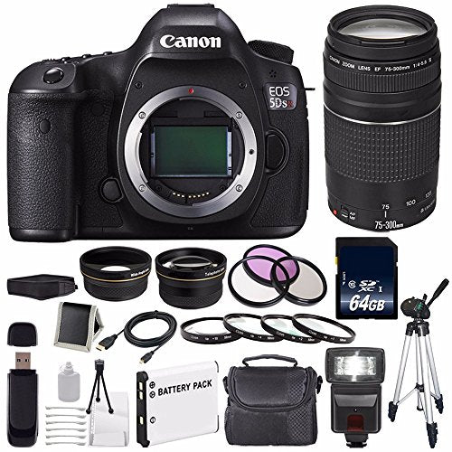 Canon EOS 5DS R DSLR Camera (International Model) 0582C002 + Canon EF 75-300 III+ LP-E6 Replacement Battery + 64GB SDXC Pro Bundle