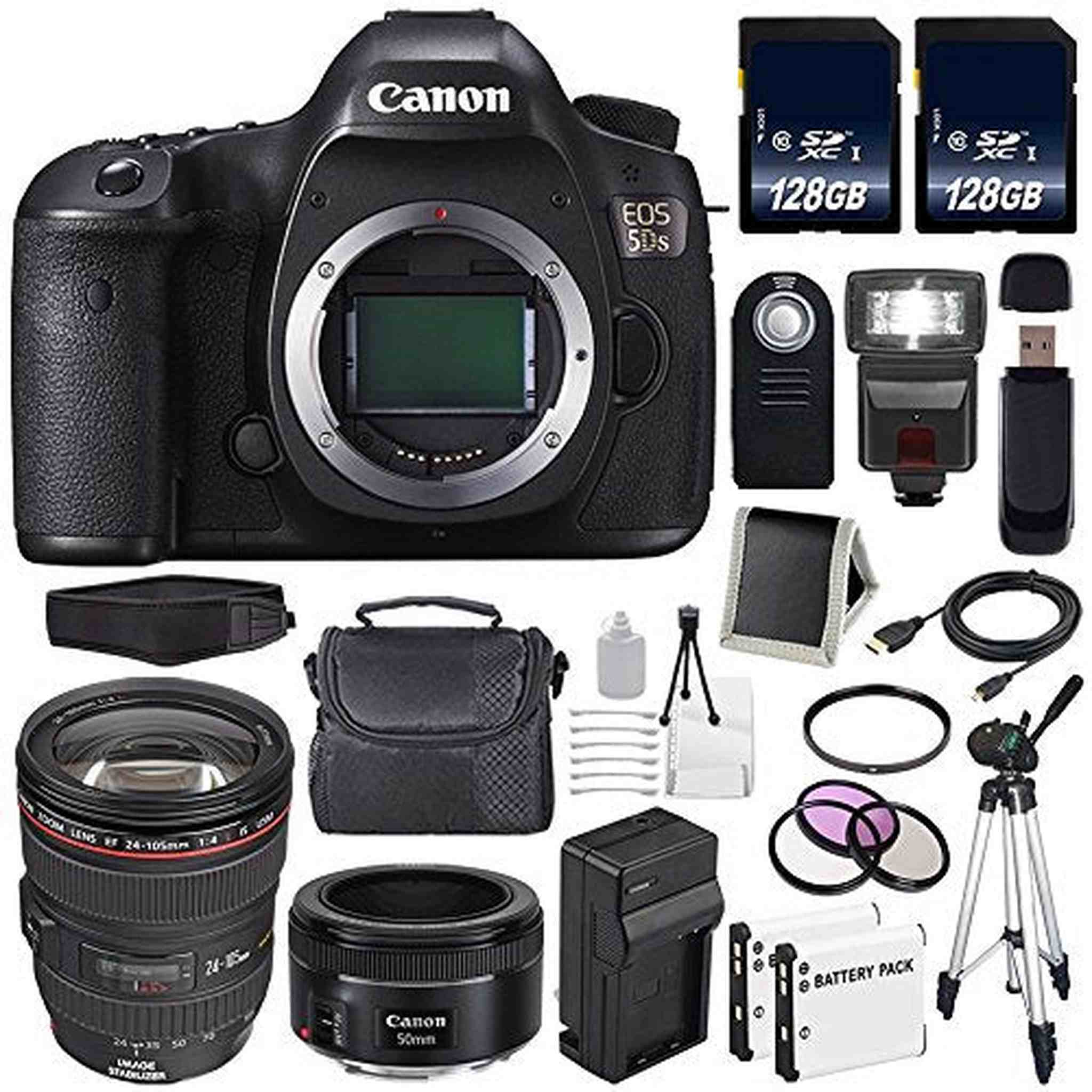 Canon EOS 5DS DSLR Camera International Model 0581C002 + Canon EF 24-105mm f/4L is USM Lens + EF 50mm f/1.8 STM Lens + LP-E6 Replacement Battery + Charger + 128GB SDXC Card Bundle - Used Canon
