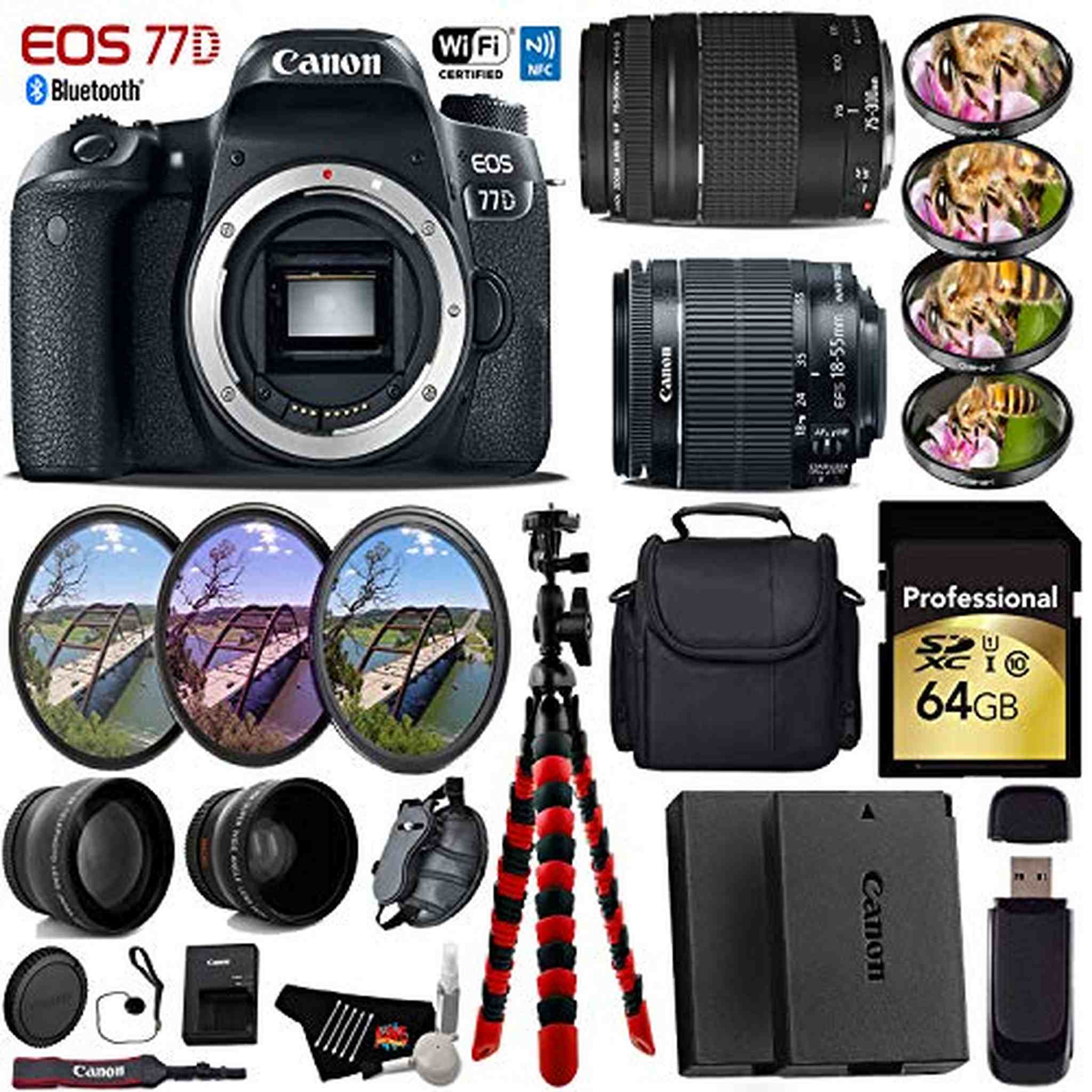Canon EOS 77D DSLR Camera with 18-55mm is STM Lens & 75-300mm III Lens + UV FLD CPL Filter Kit + 4 PC Macro Kit + Wide A Canon