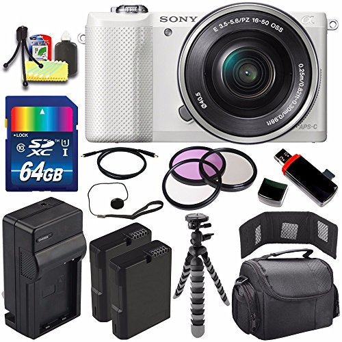 Sony Alpha a5000 Mirrorless Digital Camera with 16-50mm Lens (White) + Battery + Charger + 64GB Bundle 6 - International