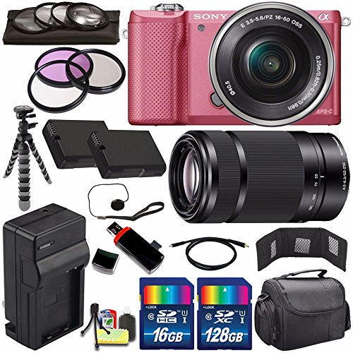 Sony Alpha a5000 Mirrorless Digital Camera with 16-50mm Lens (Pink) + Sony E 55-210mm f/4.5-6.3 OSS E-Mount Lens 144GB B