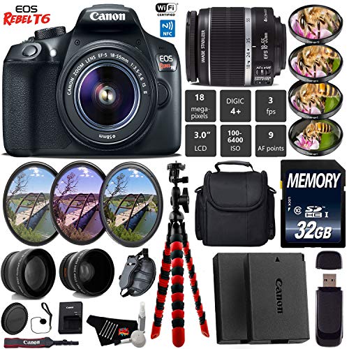 Canon EOS Rebel T6 DSLR Camera 18-55mm is II Lens + UV FLD CPL Filter Kit + 4 PC Macro Kit + Wide Angle & Telephoto Lens
