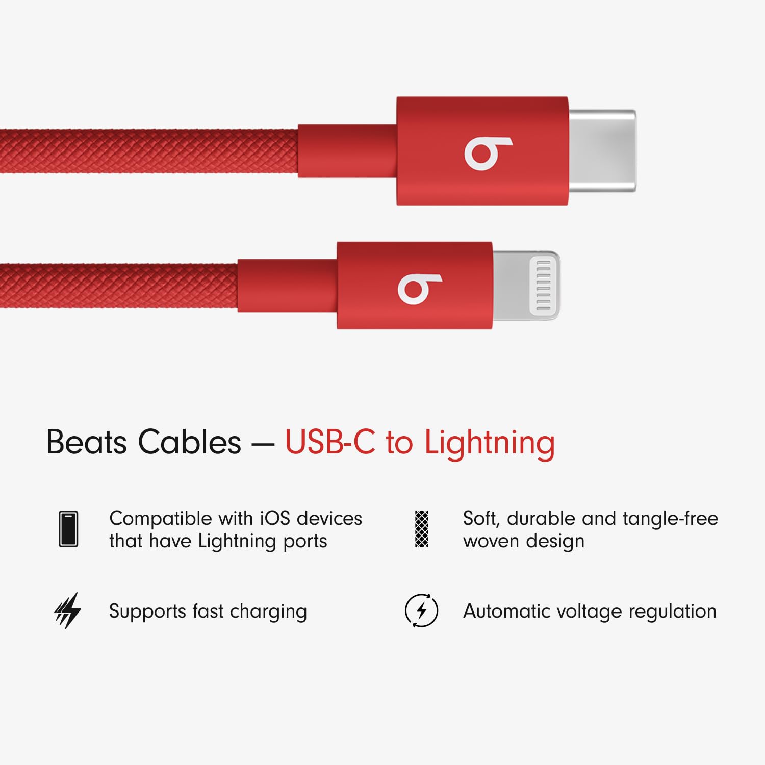 Beats USB-C to Lightning Woven Cable Fast Charging Durable/Tangle-Free Compatible Charger for Apple Devices with Lightning Ports 1.5 m, 5 ft - Rapid Red