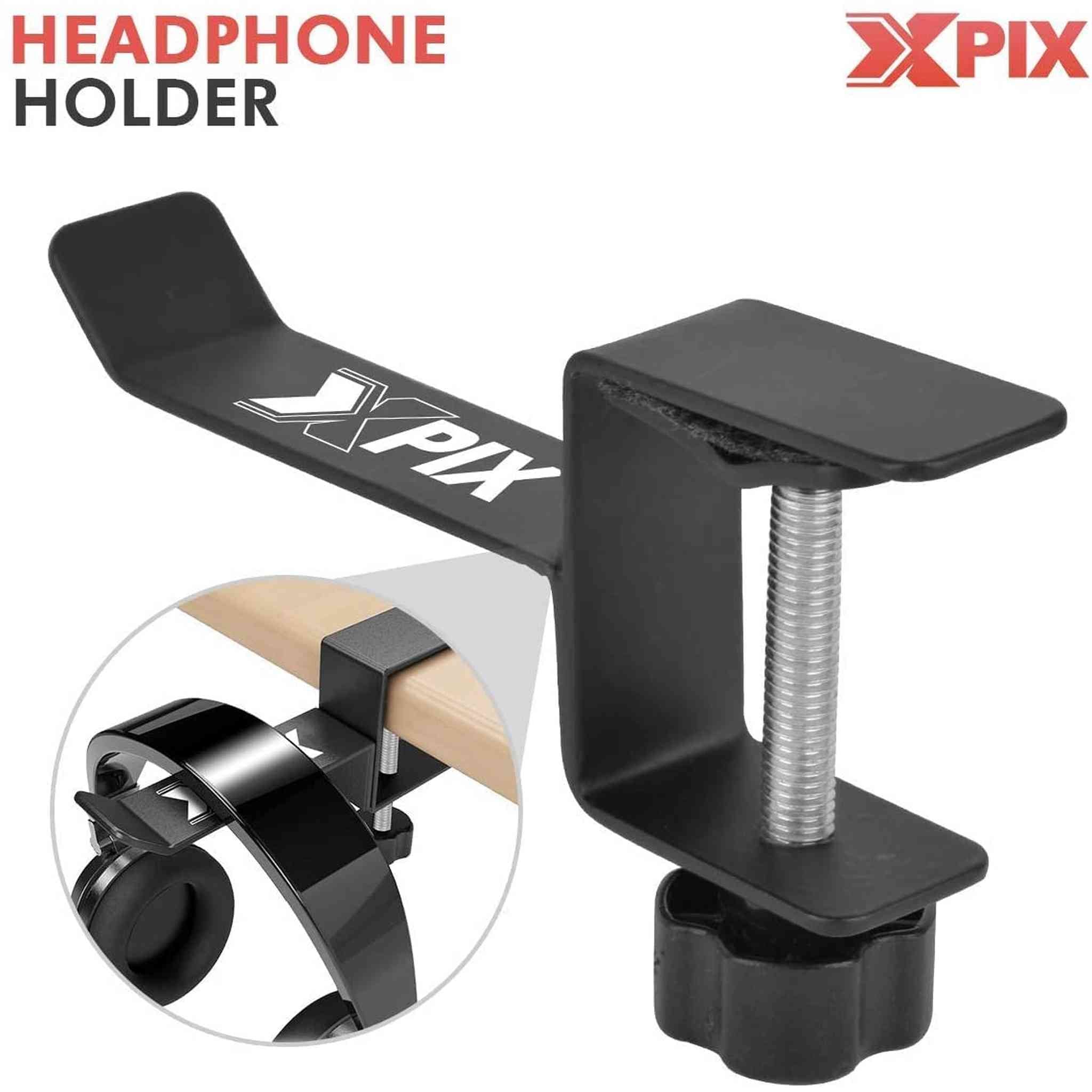 Xpix Metal Headphone Headset Holder Hanger with Under Desk Design Mount Clamp Clip Grip - Hooks onto Surface Without Glue Or Mess - Fits Headphones XPIX