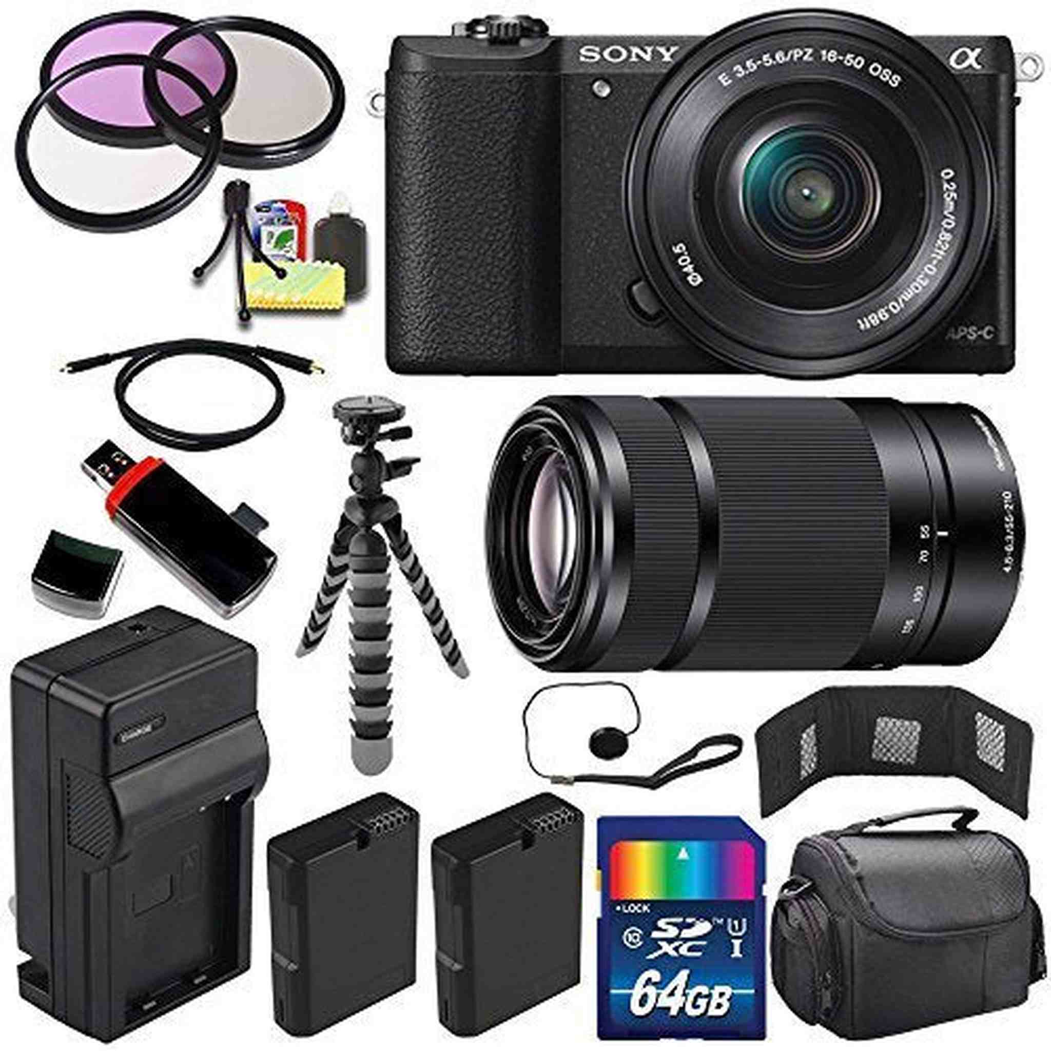 Sony Alpha a5100 Mirrorless Digital Camera with 16-50mm Lens Black + Sony E 55-210mm f/4.5-6.3 OSS E-Mount Lens 64GB B SONY