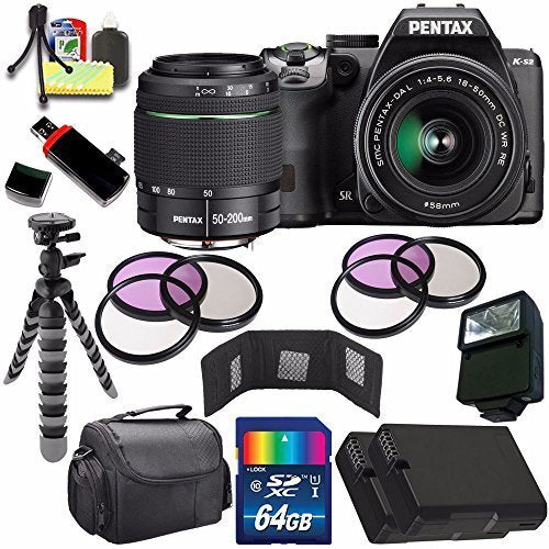 Pentax K-S2 DSLR Camera with 18-50mm & 50-200mm Lenses (Black) + Replacement Battery + 64GB Card + Deluxe Accessory Kit