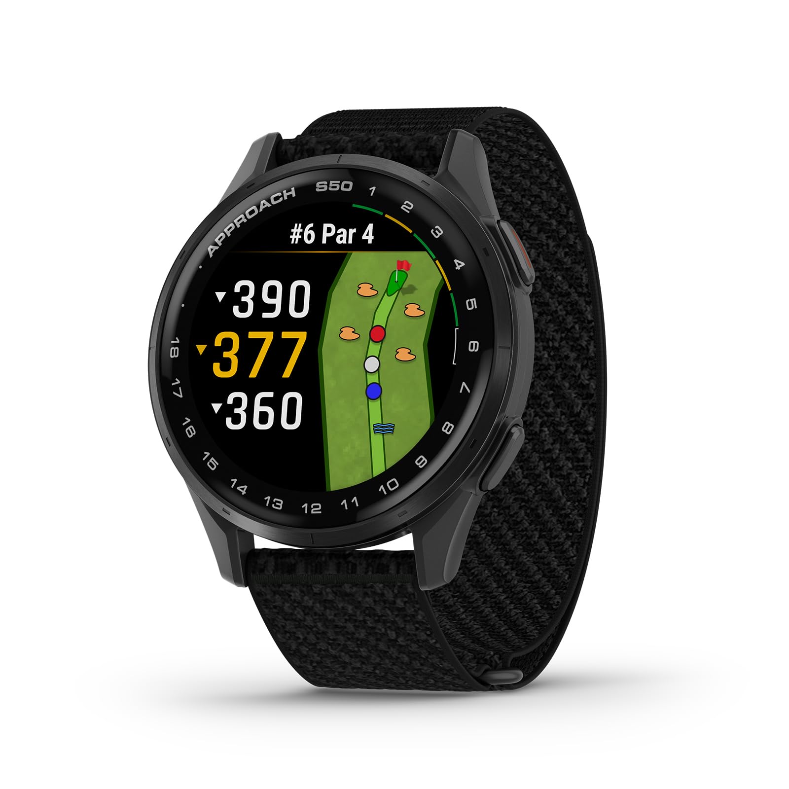 Garmin Approach® S50, Advanced Golf GPS Smartwatch, AMOLED Display, On-Course Features, Wrist-Based Heart Rate, Slate Aluminum Bezel with Black ComfortFit Nylon Band