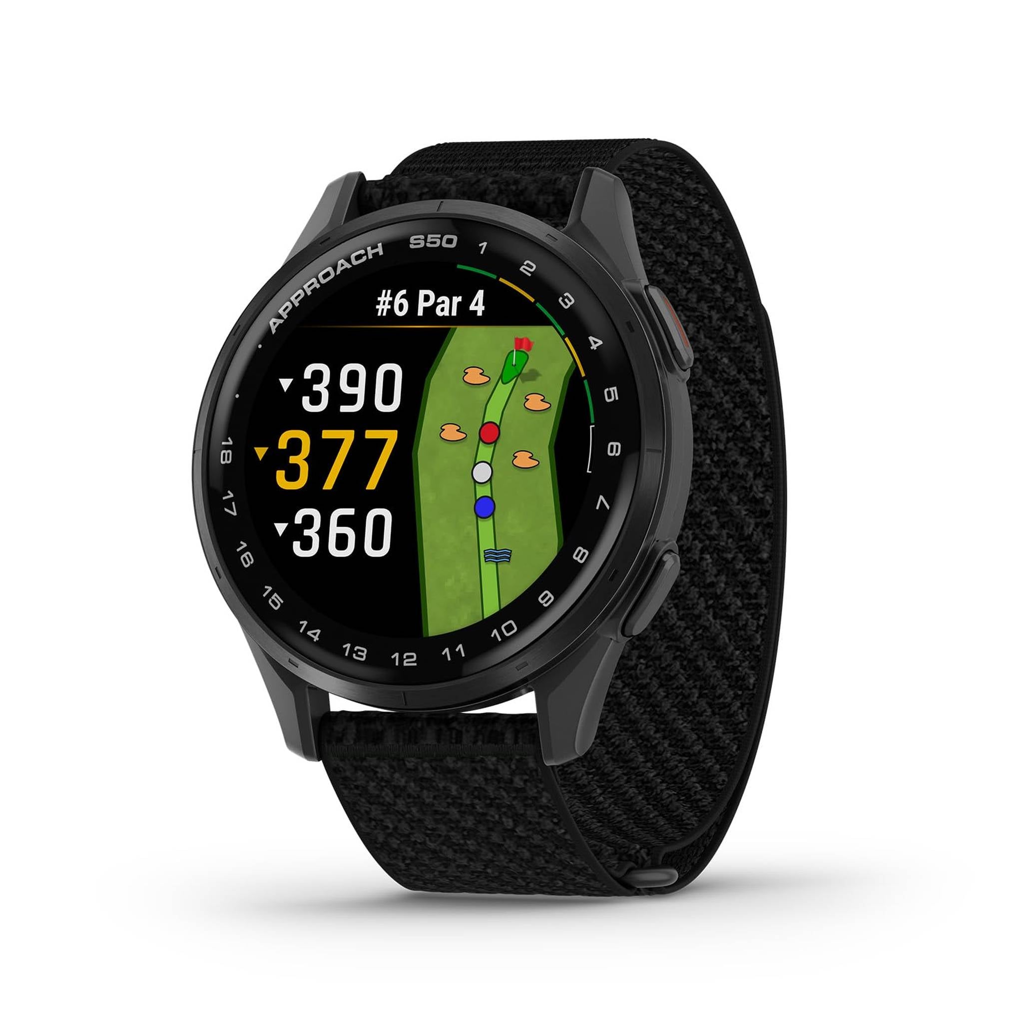 Garmin Approach® S50, Advanced Golf GPS Smartwatch, AMOLED Display, On-Course Features, Wrist-Based Heart Rate, Slate Aluminum Bezel with Black ComfortFit Nylon Band Garmin