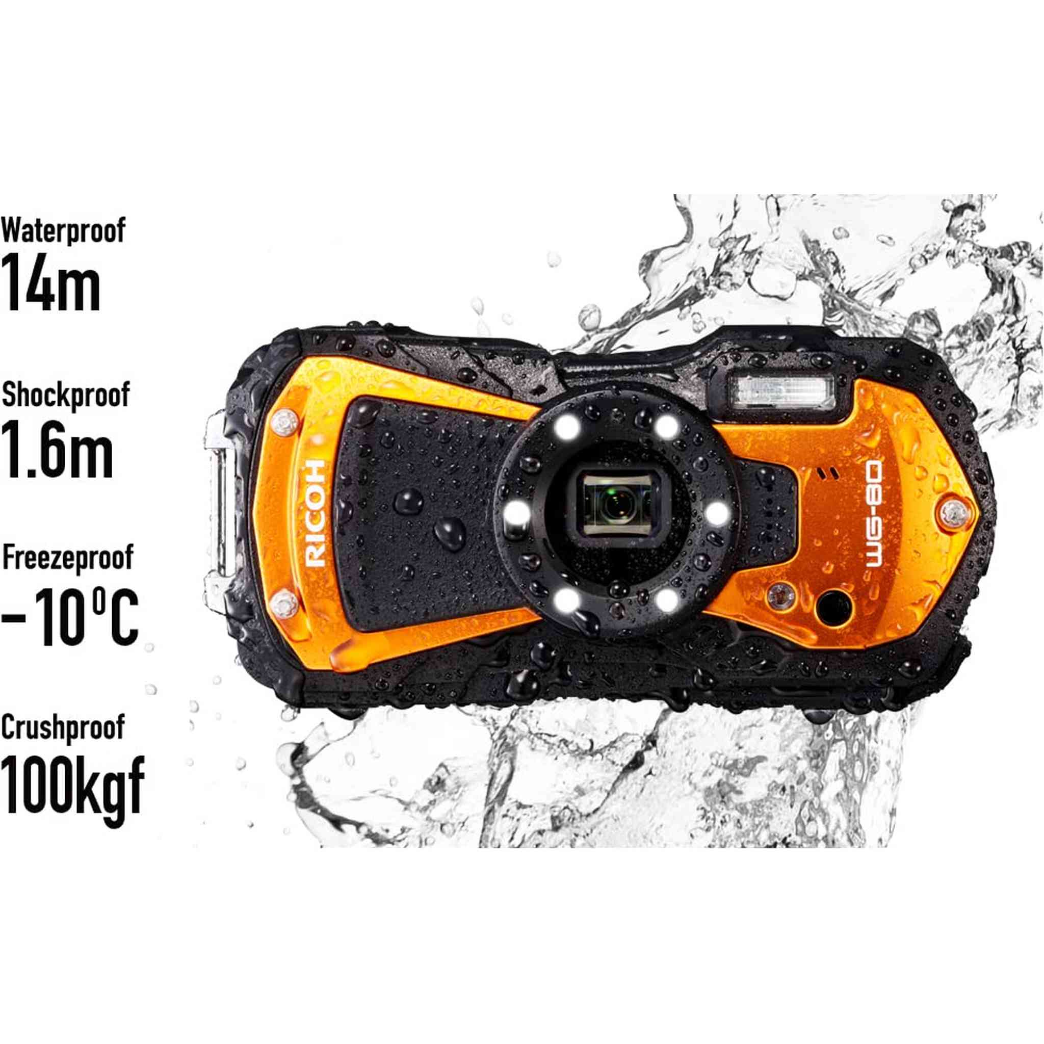 Ricoh WG-80 Orange Waterproof Digital Camera Shockproof Freezeproof Crushproof