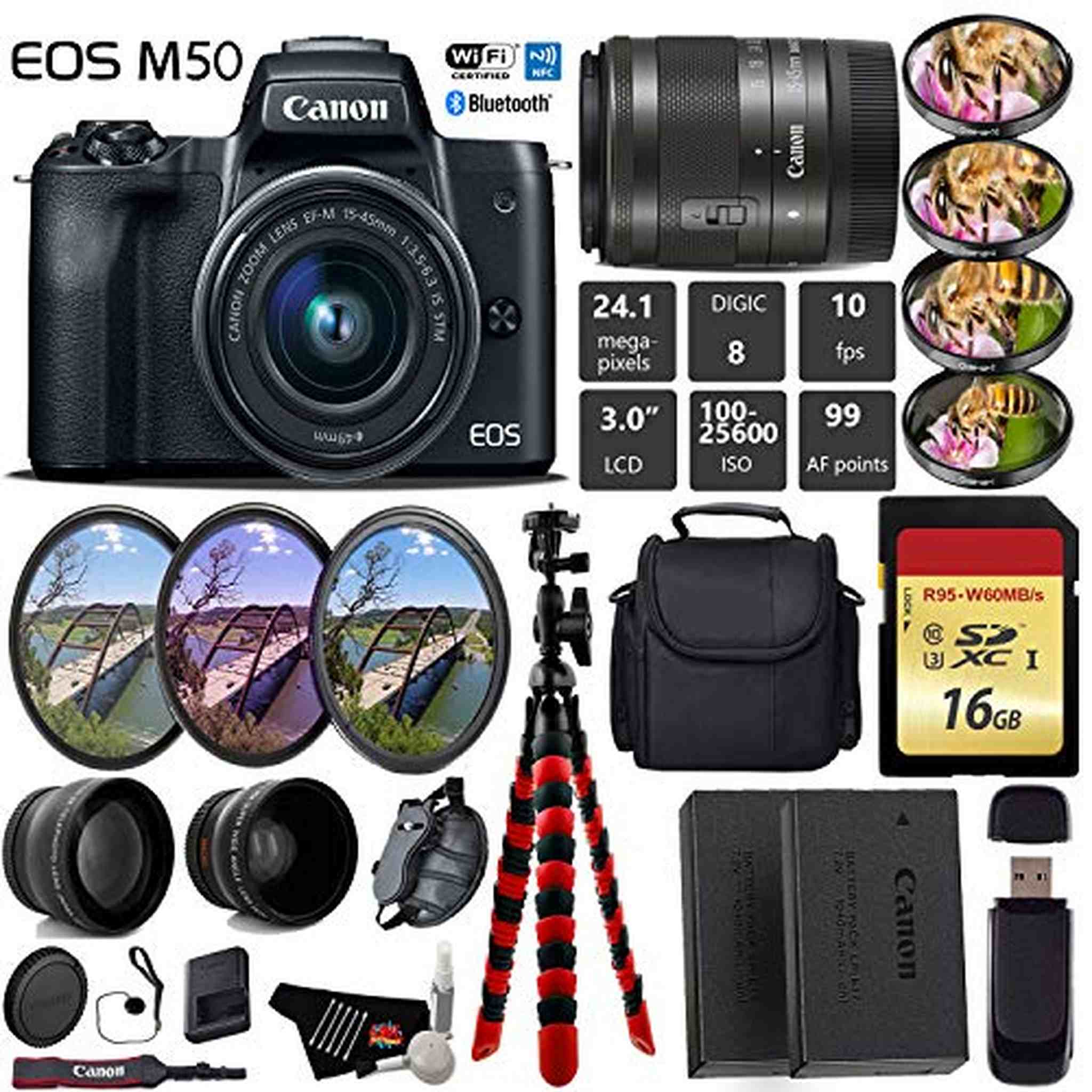 Canon EOS M50 Mirrorless Digital Camera with 15-45mm Lens + UV FLD CPL Filter Kit + 4 PC Macro Kit + Wide Angle & Teleph Canon
