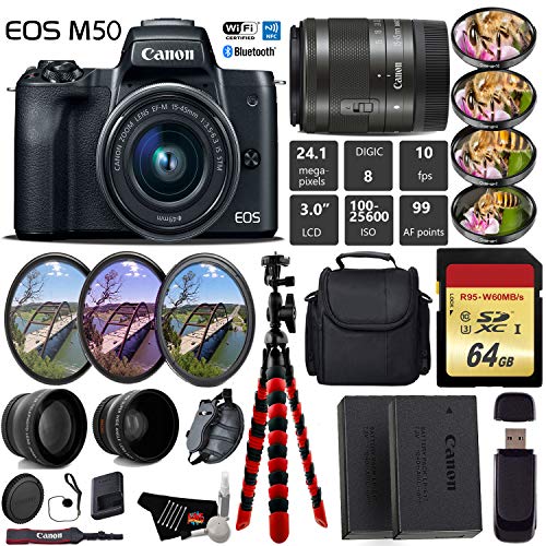 Canon EOS M50 Mirrorless Digital Camera with 15-45mm Lens + UV FLD CPL Filter Kit + 4 PC Macro Kit + Wide Angle & Teleph