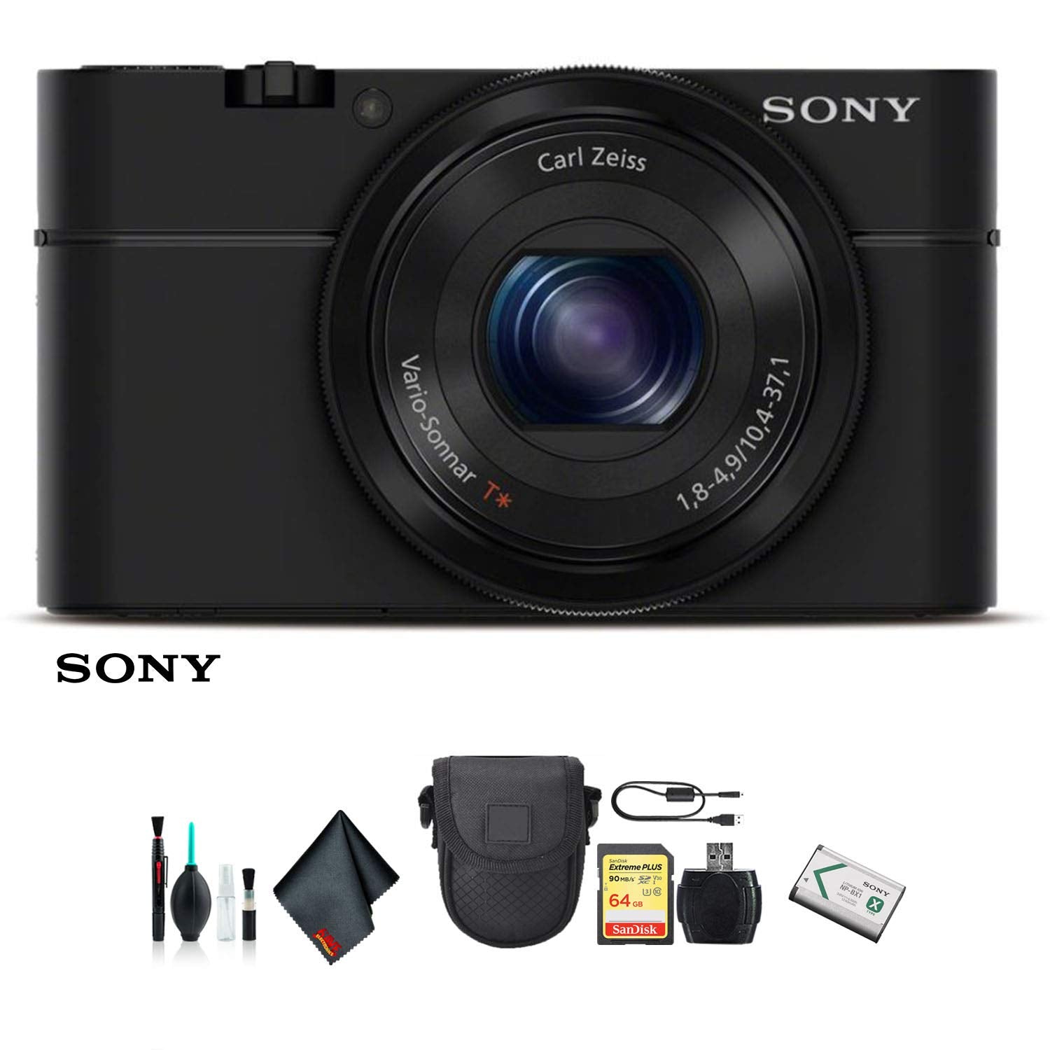 Sony Cyber-shot DSC-RX100 Camera DSCRX100/B With Soft Bag, 64GB Memory Card, Card Reader , Plus Essential Accessories