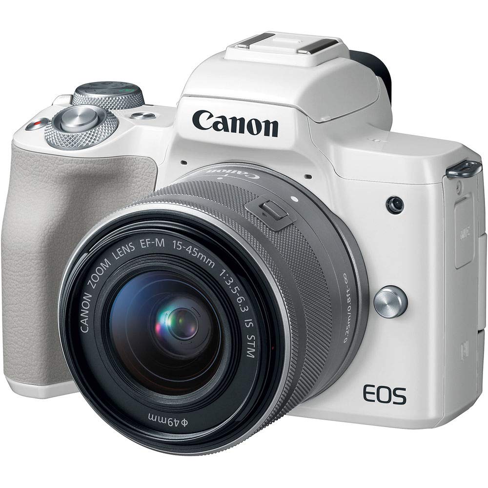 Canon EOS M50 Mirrorless Digital Camera White with 15-45mm Lens + UV FLD CPL Filter Kit + Wide Angle & Telephoto Lens