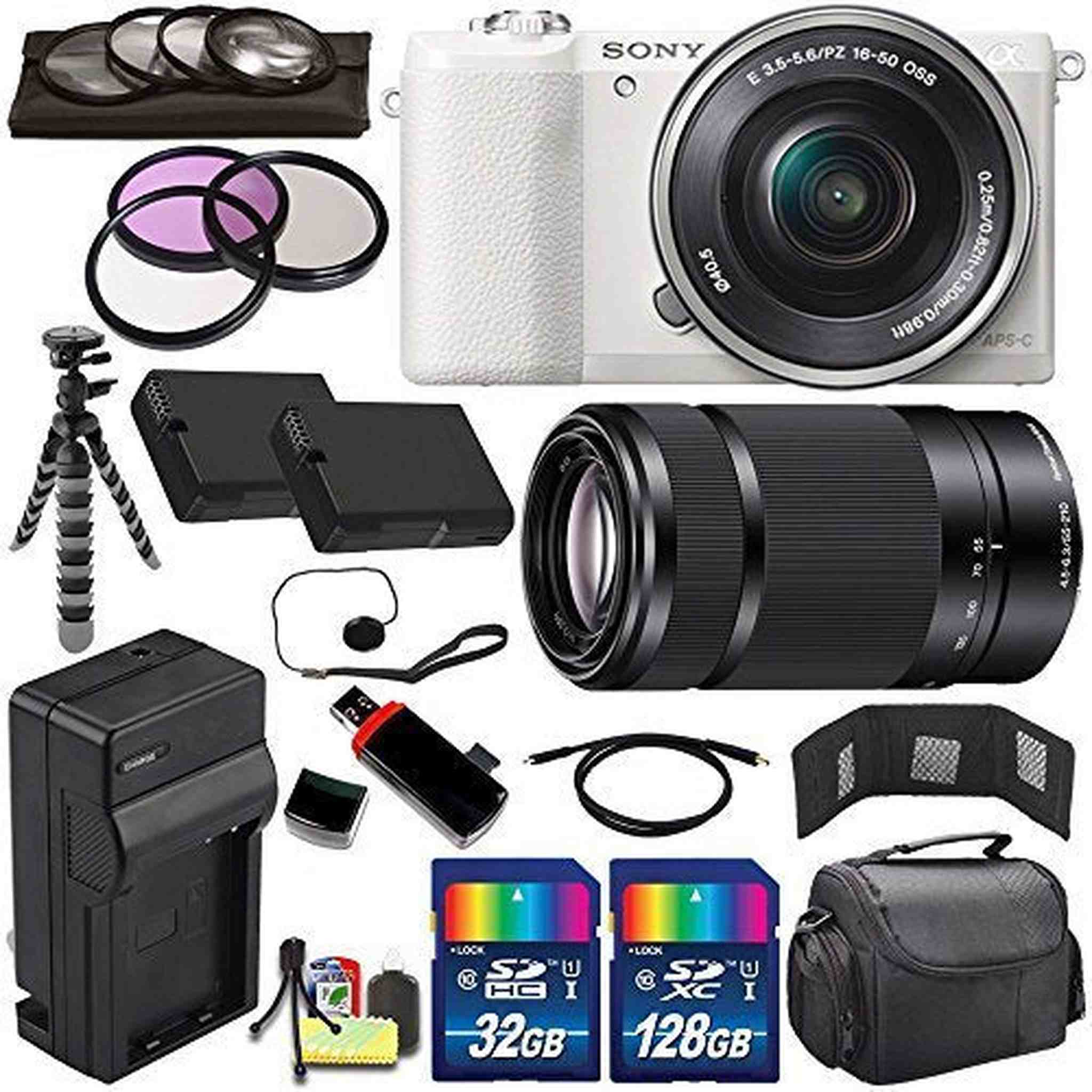 Sony Alpha a5100 Mirrorless Digital Camera with 16-50mm Lens White + Sony E 55-210mm f/4.5-6.3 OSS E-Mount Lens 160GB Bundle Sony
