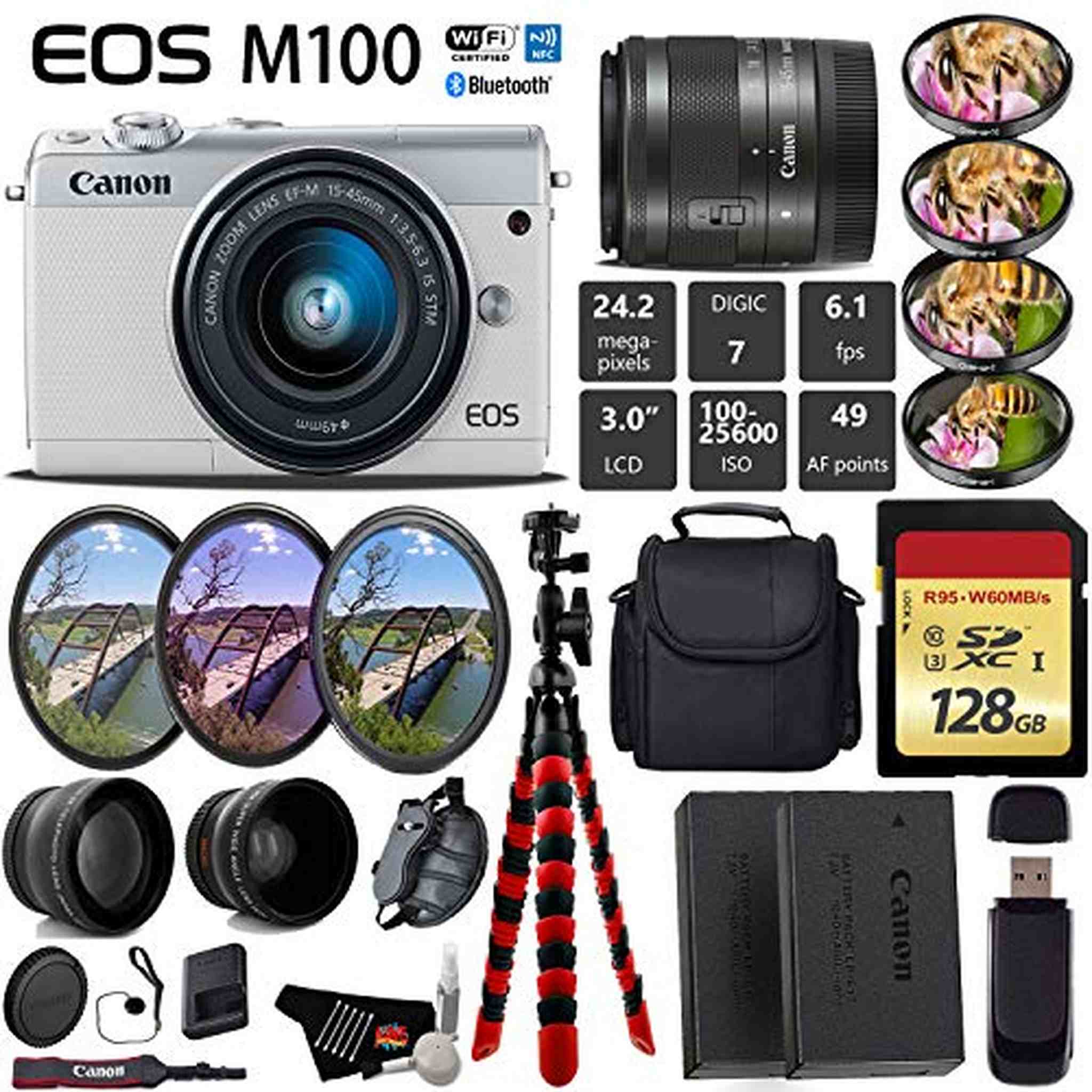 Canon EOS M100 Mirrorless Digital Camera White with 15-45mm Lens Outdoor Bundle