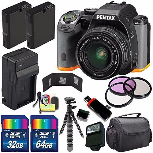 Pentax K-S2 DSLR Camera with 18-50mm Lens (Black/Orange) + Replacement Battery + External Charger + 32GB Card + 64GB Car