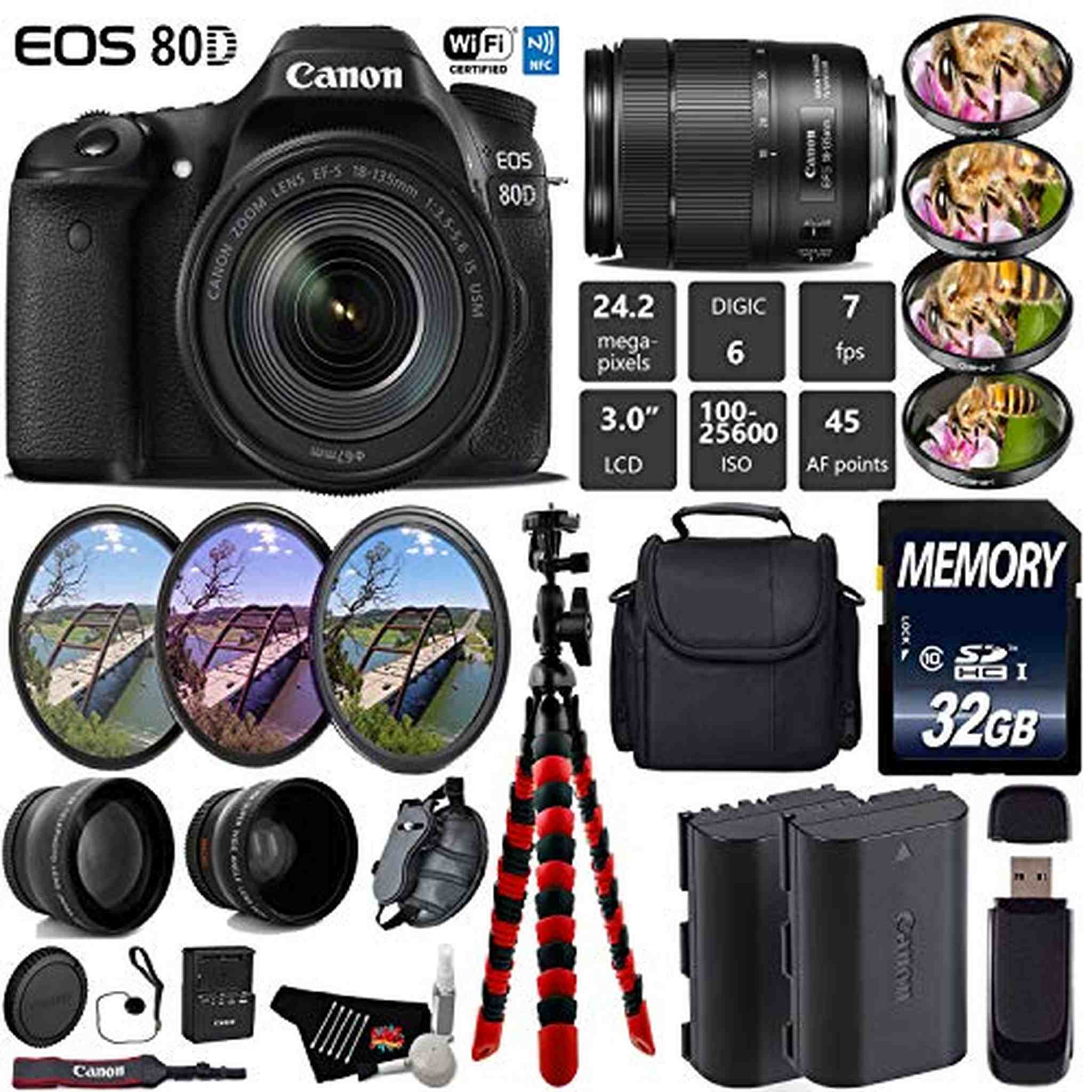 Canon EOS 80D DSLR Camera with 18-135mm is STM Lens + UV FLD CPL Filter Kit + 4 PC Macro Kit + Wide Angle & Telephoto Lens Starter Bundle Canon