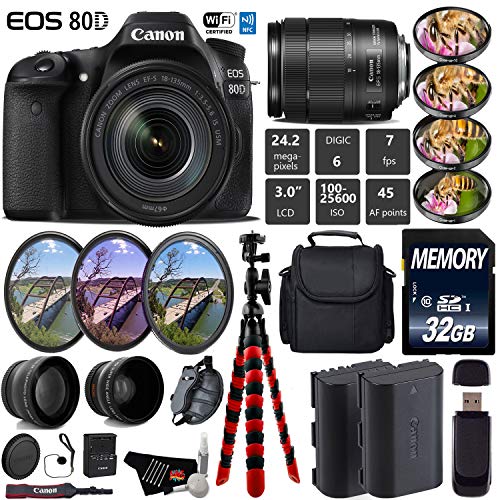 Canon EOS 80D DSLR Camera with 18-135mm is STM Lens + UV FLD CPL Filter Kit + 4 PC Macro Kit + Wide Angle & Telephoto Lens Starter Bundle