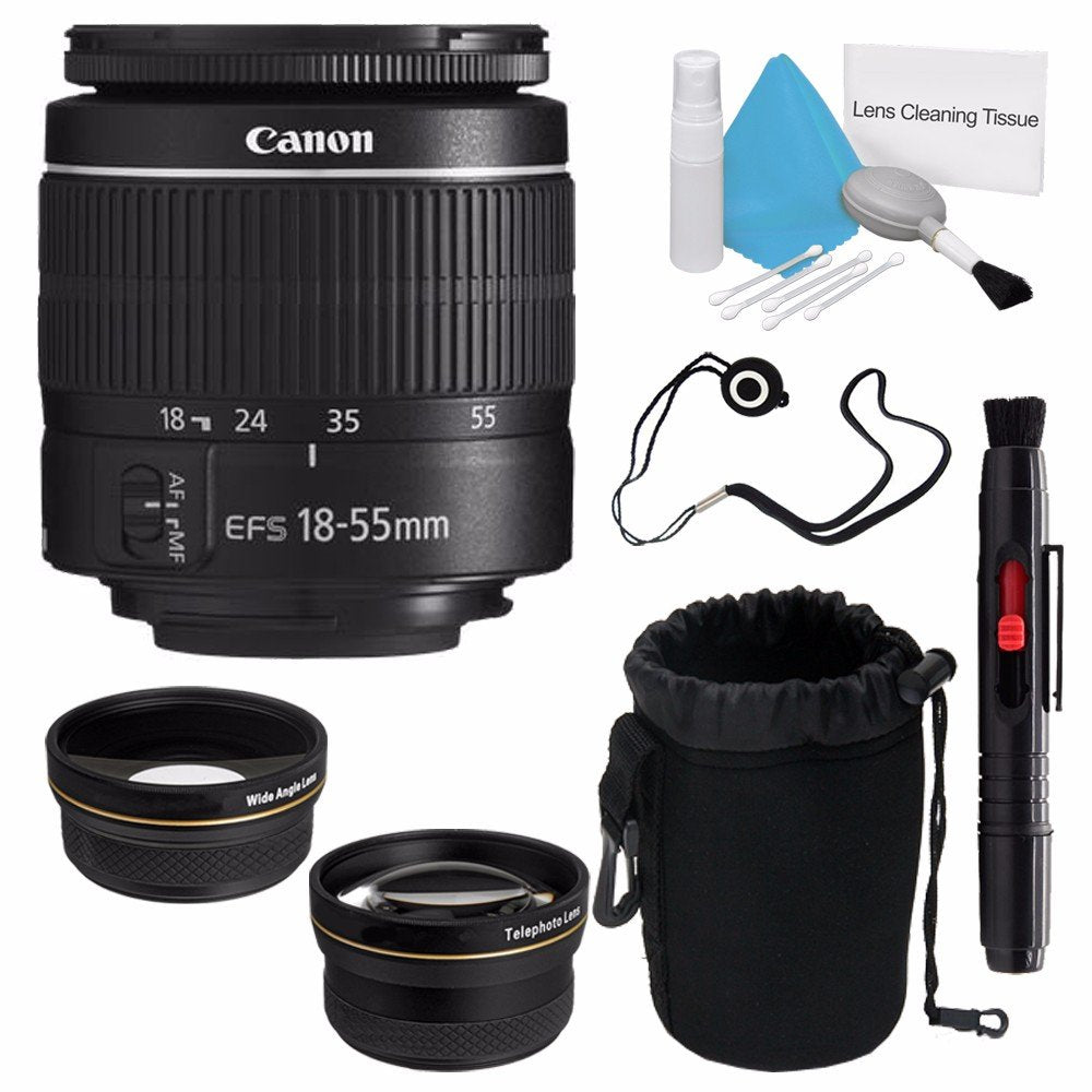 Canon EF-S 18-55mm f/3.5-5.6 III Lens (International Model) + 58mm Wide Angle Lenses + Deluxe Lens Pouch + Deluxe Cleani