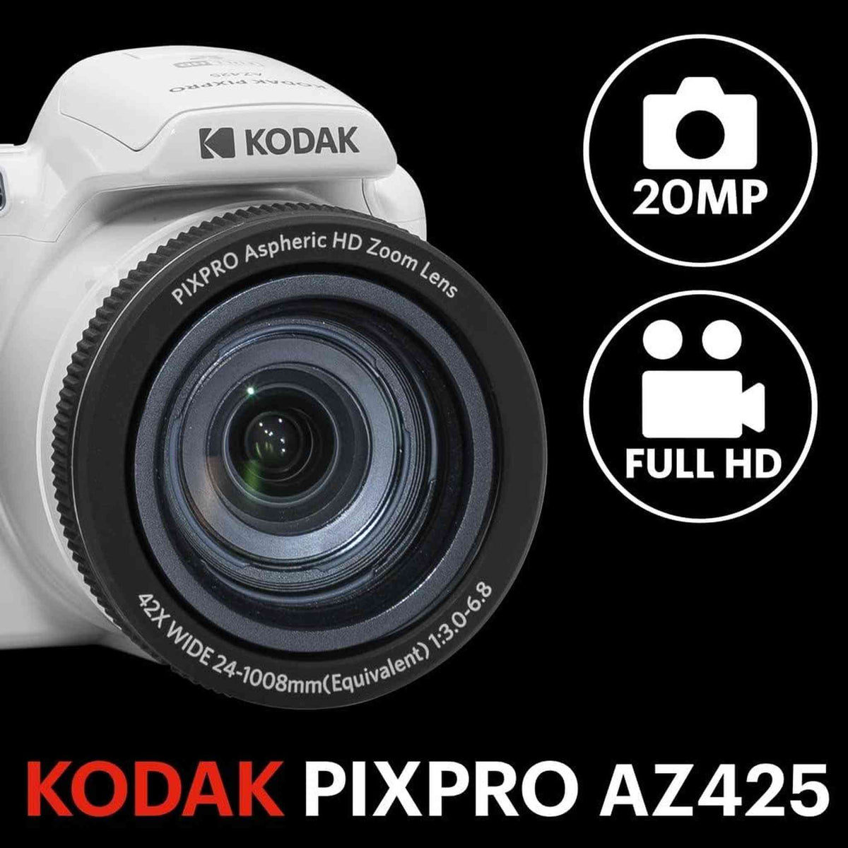 KODAK PIXPRO AZ425-WH 20MP Digital Camera 42X Optical Zoom 24mm Wide Angle Lens 1080P Full HD Video Optical Image Stabilization Li-Ion Battery 3" LCD Vlogging Camera White