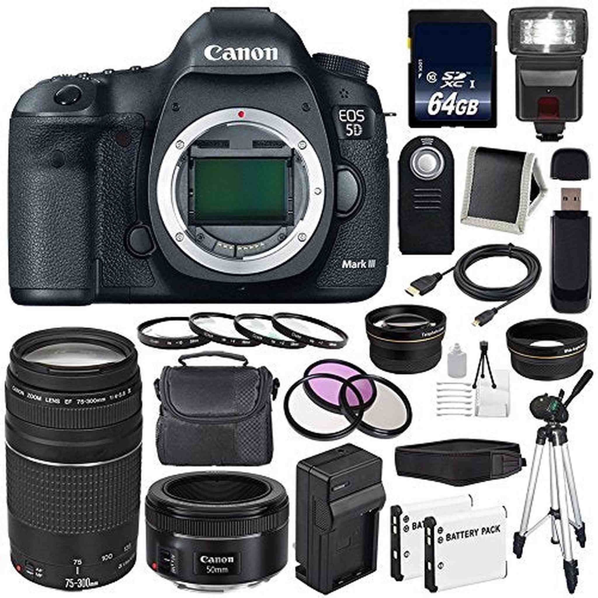 Canon EOD 5D III Digital Camera International Model + Canon EF 75-300 III+ EF 50mm f/1.8 STM Lens + LP-E6 Replacement Battery + Charger + 64GB SDXC Card Bundle - Used Canon