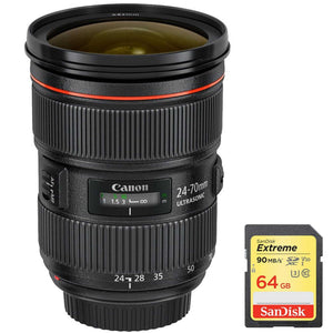 Canon 5175B002 EF 24-70mm f/2.8L II USM Lens with 64GB Extreme SD Memory UHS-I Card w/ 90/60MB/s Read/Write - Used Canon