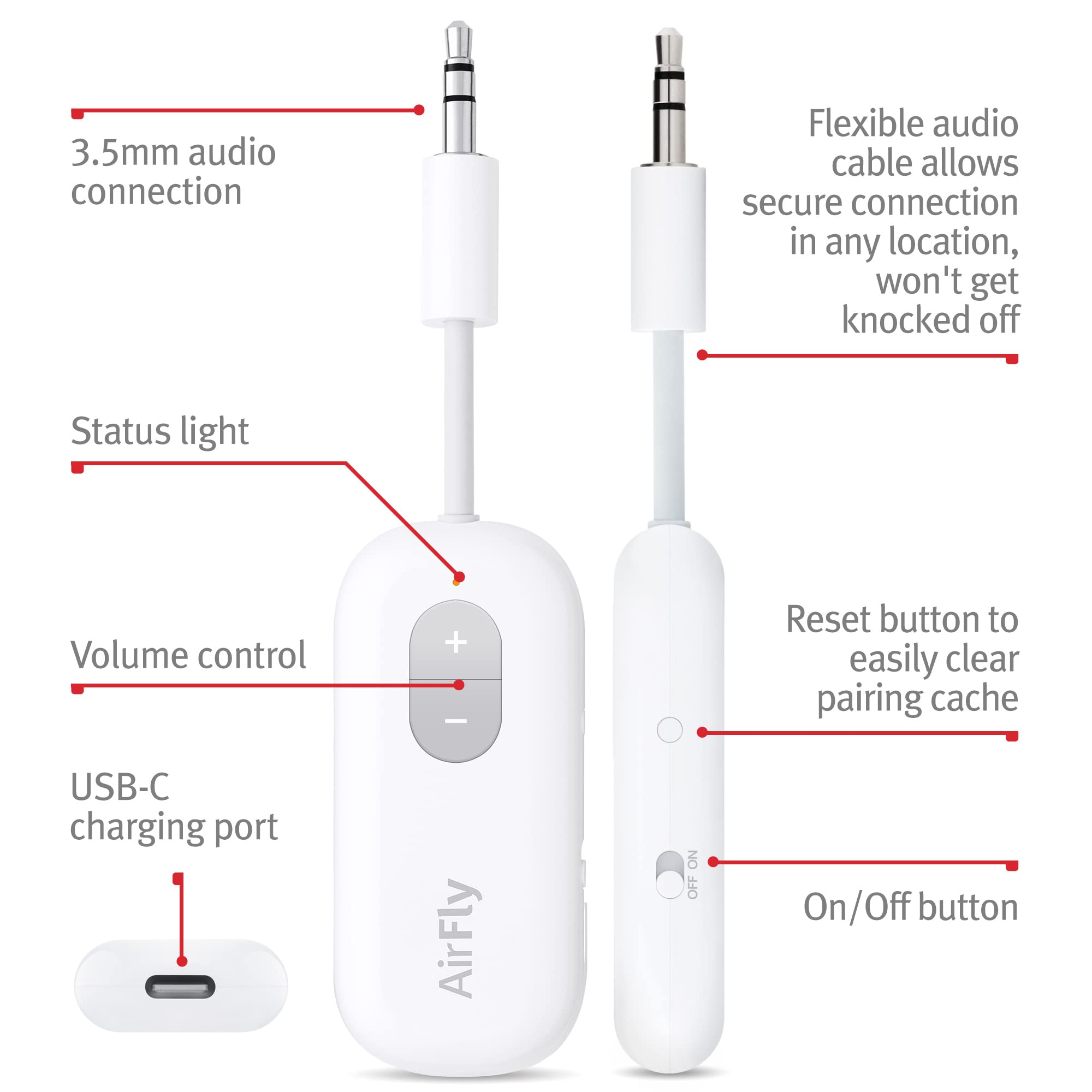 Twelve South AirFly SE, Bluetooth Wireless Audio Transmitter for AirPods/Wireless or Noise-Cancelling Headphones Use with Any 3.5 mm Audio Jack on Airplanes, Gym Equipment or iPad/Tablets