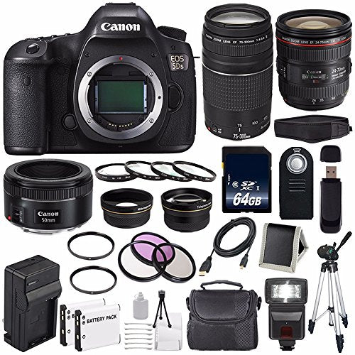 Canon EOS 5DS DSLR Camera (International Model) 0581C002 + Canon EF 24-70mm f/4L is USM Lens + Canon EF 75-300 III Deluxe Bundle