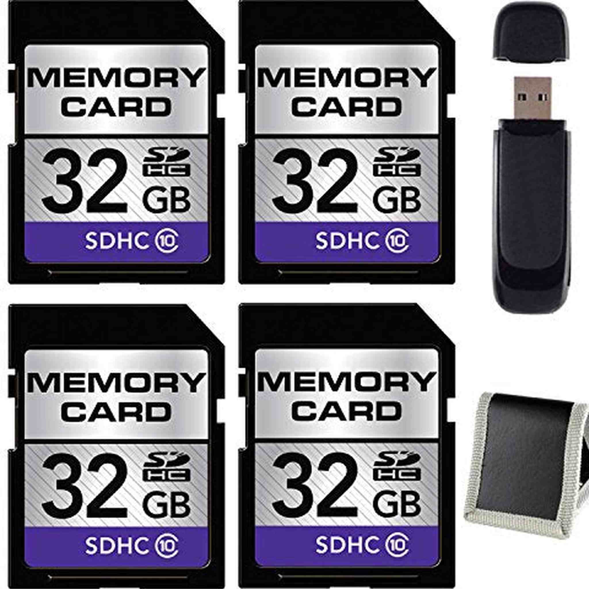 32GB SDHC Class 10 Memory Card 4-Pack + SD Card USB Reader + Memory Card Wallet Bundle