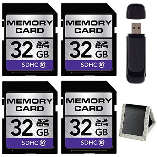 32GB SDHC Class 10 Memory Card 4-Pack + SD Card USB Reader + Memory Card Wallet Bundle
