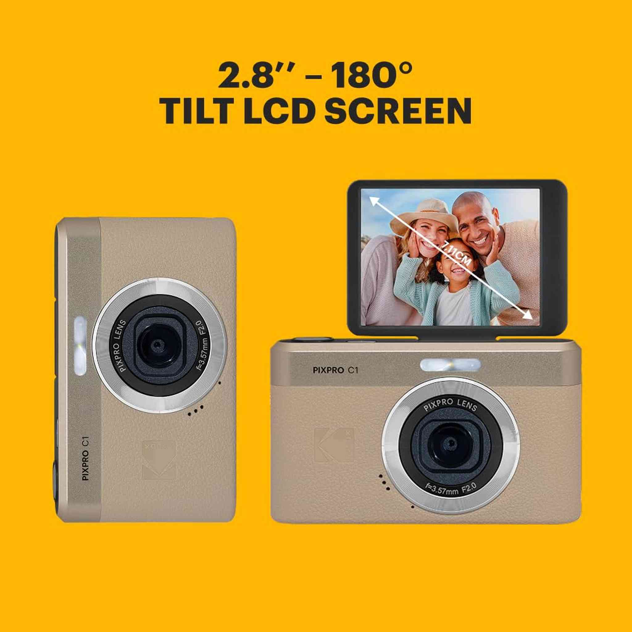 Kodak PIXPRO C1 Digital Camera, 13MP Compact Point & Shoot with 4X Digital Zoom, 26mm f/2.0 Wide Angle, 180 Degree Flip Screen, 1080p HD Video, Tan