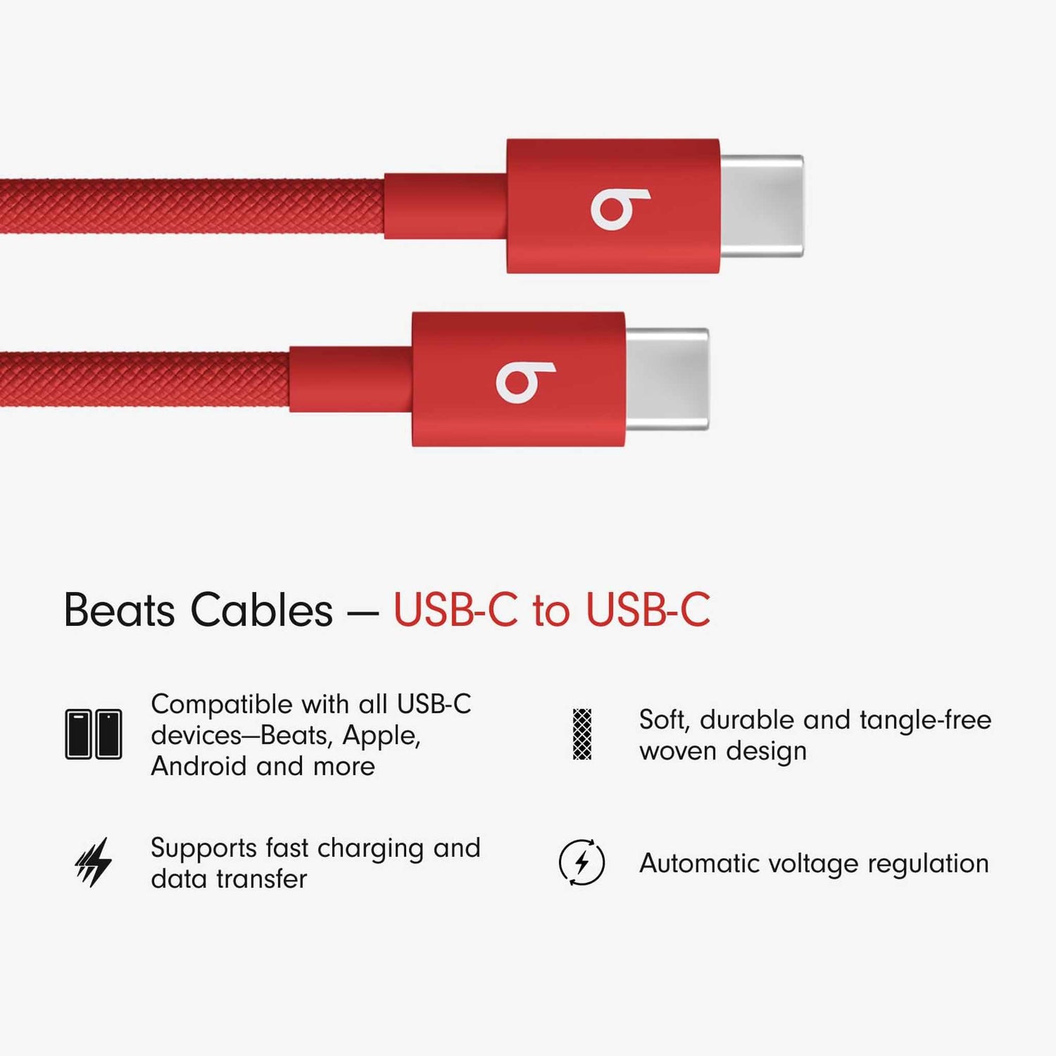 Beats USB-C to USB-C Woven Cable Fast Charging Durable/Tangle-Free Compatible Charger for Apple & Android Devices 1.5 m, 5 ft - Rapid Red