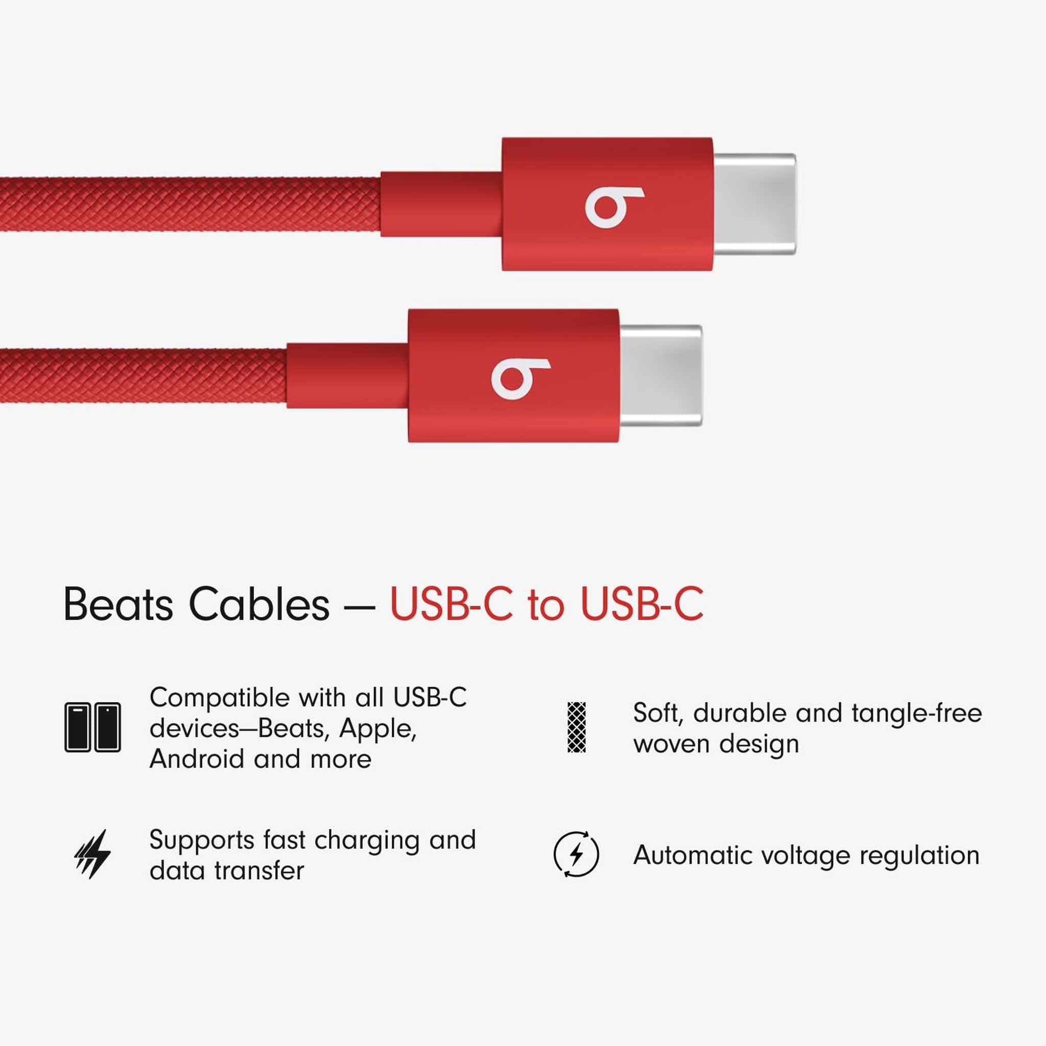 Beats USB-C to USB-C Woven Cable Fast Charging Durable/Tangle-Free Compatible Charger for Apple & Android Devices 1.5 m, 5 ft - Rapid Red