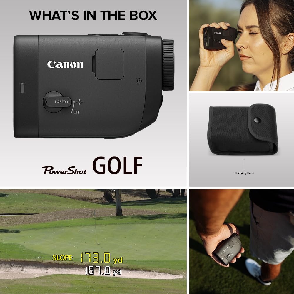 Canon PowerShot Golf Digital Laser Rangefinder, Digital Zoom, Magnify 6X to 12x, Built-in Slope Correction, Photo and Video Camera Capabilities, IPX4 Equivalent Water Resistant, Black