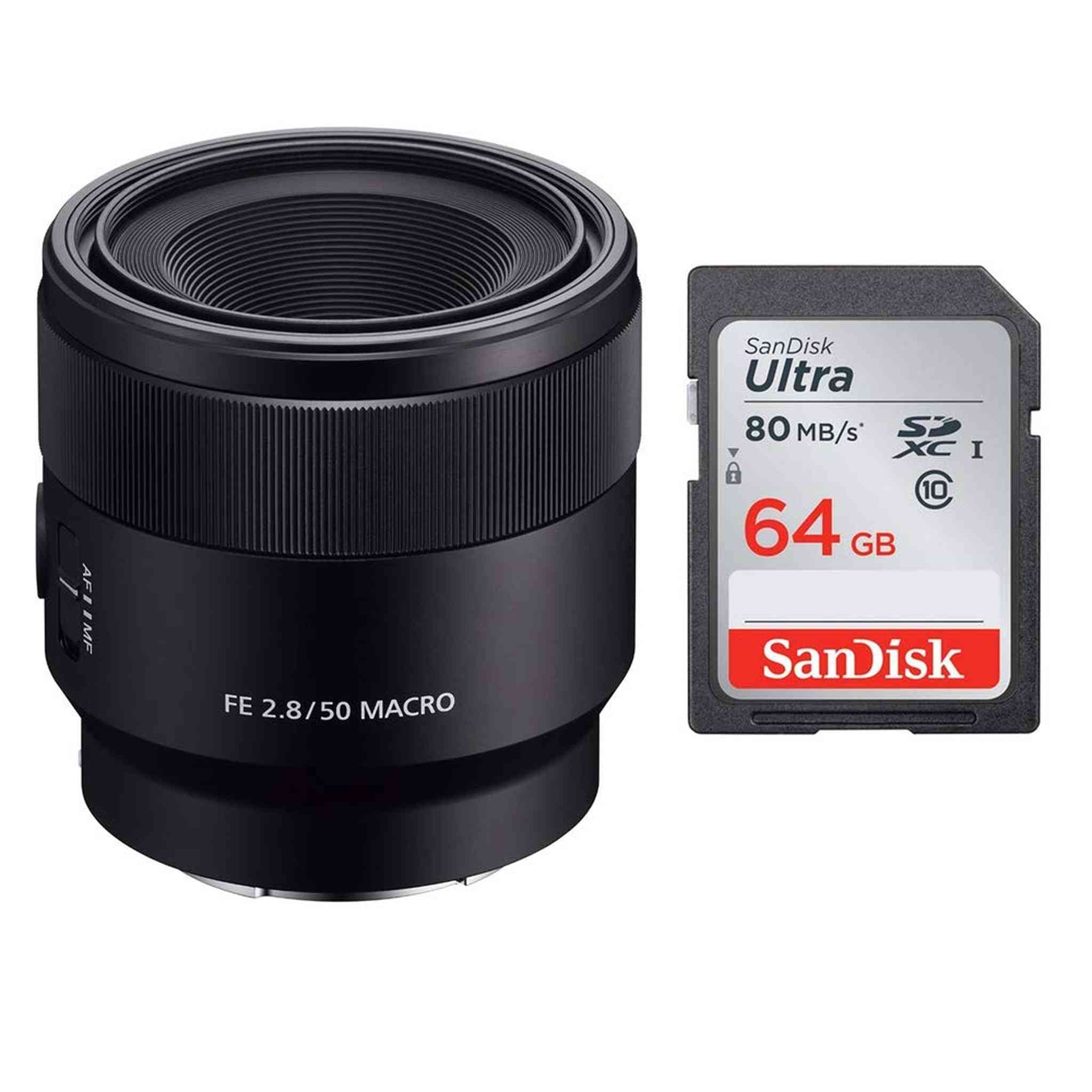 Sony SEL50M28 FE 50mm F2.8 Macro Lens & Sony 64 GB SD Card Sony