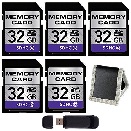 32GB SDHC Class 10 Memory Card 5-Pack + SD Card USB Reader + Memory Card Wallet Bundle