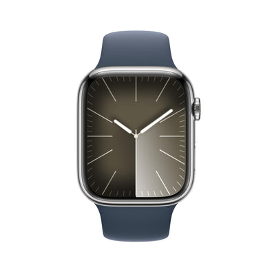 Apple Watch Series 9 GPS + Cellular 45mm Smartwatch with Silver Stainless Steel Case with Storm Blue Sport Band M/L.